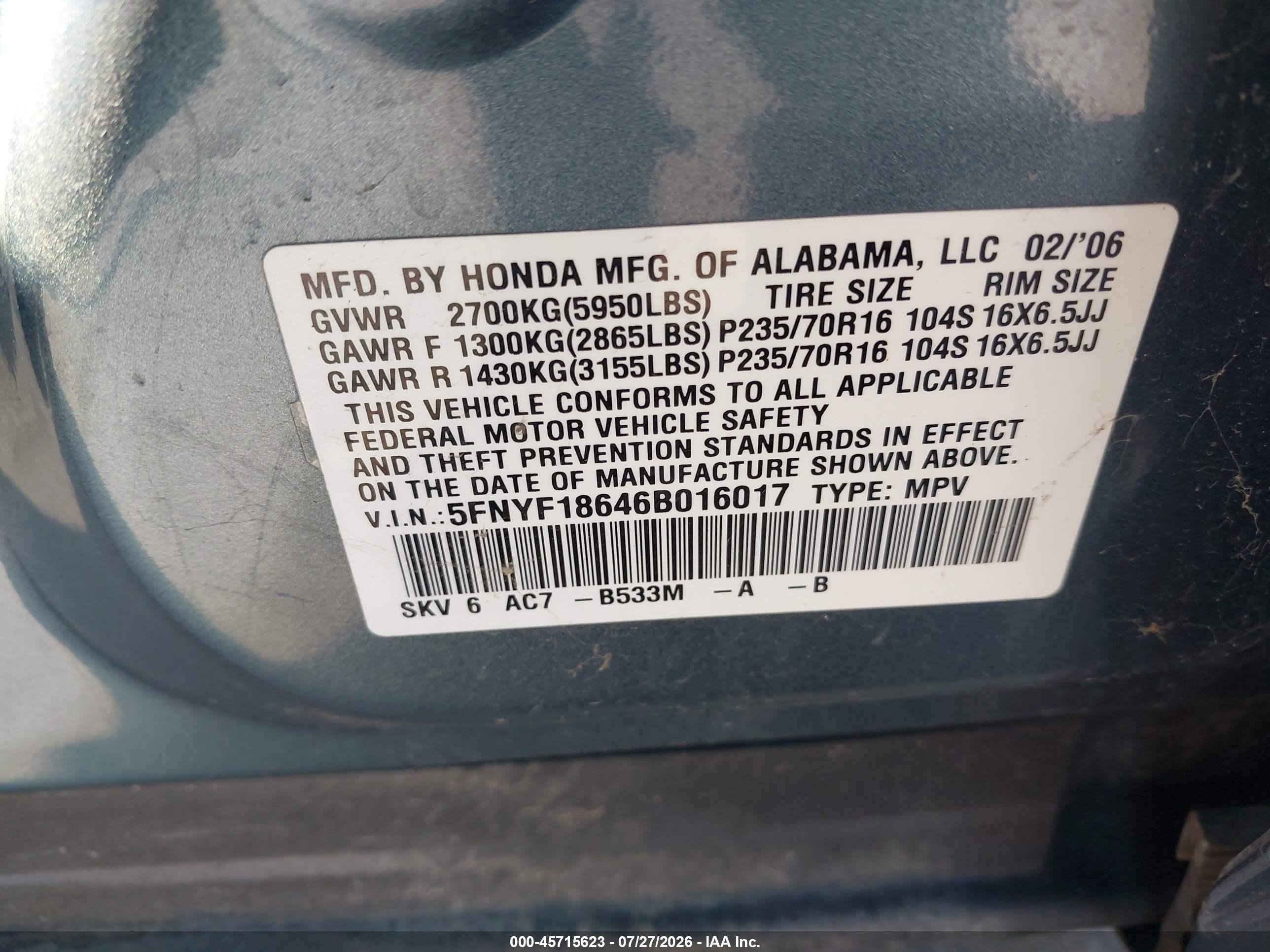 2006 Honda Pilot Ex-l Blue vin: 5FNYF18646B016017