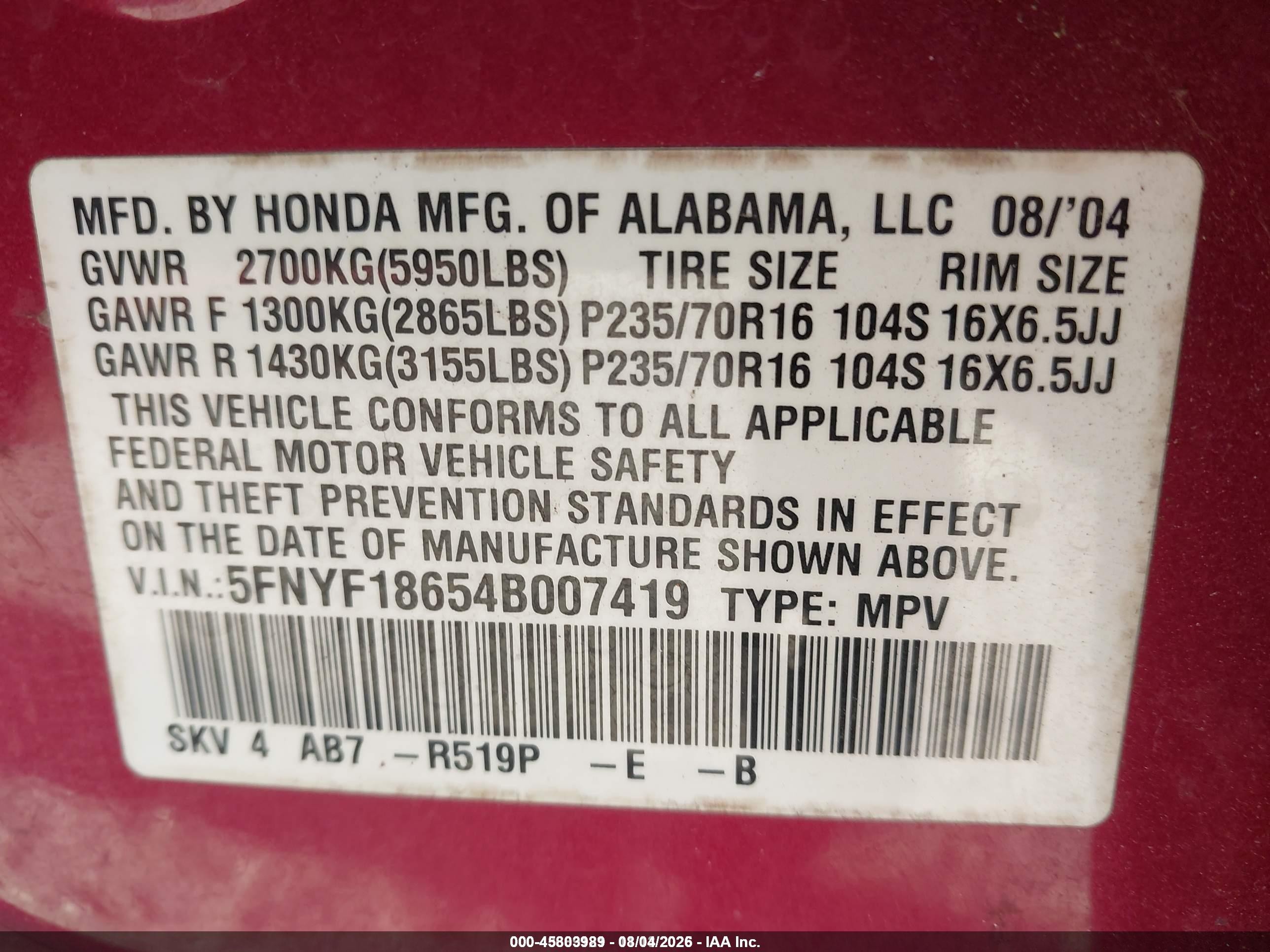 2004 Honda Pilot Ex-l Burgundy vin: 5FNYF18654B007419