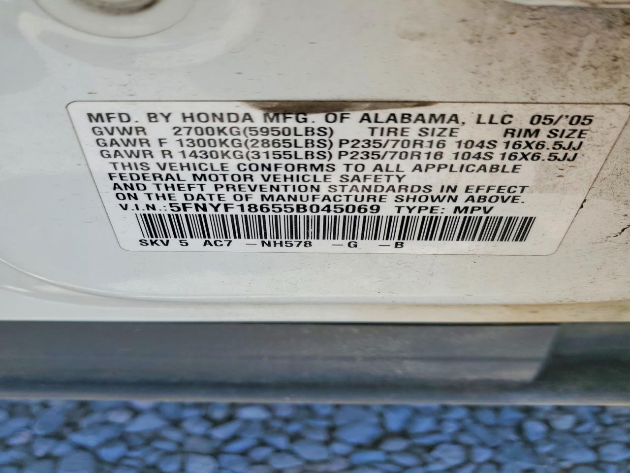 2005 Honda Pilot Exl White vin: 5FNYF18655B045069