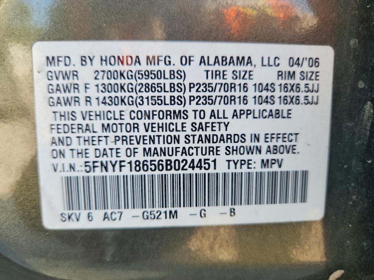 2006 Honda Pilot Ex Gray vin: 5FNYF18656B024451