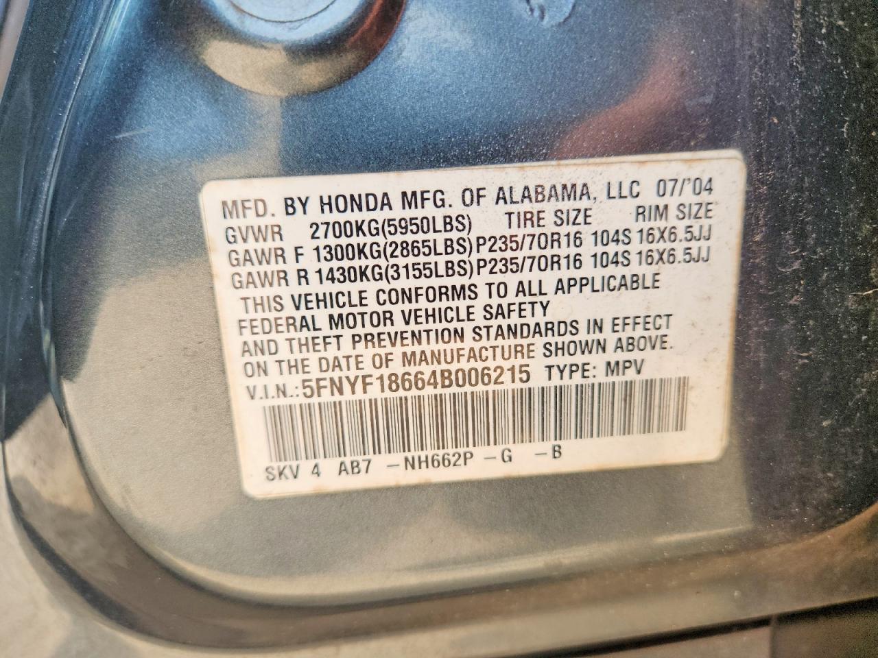 2004 Honda Pilot Exl Gray vin: 5FNYF18664B006215