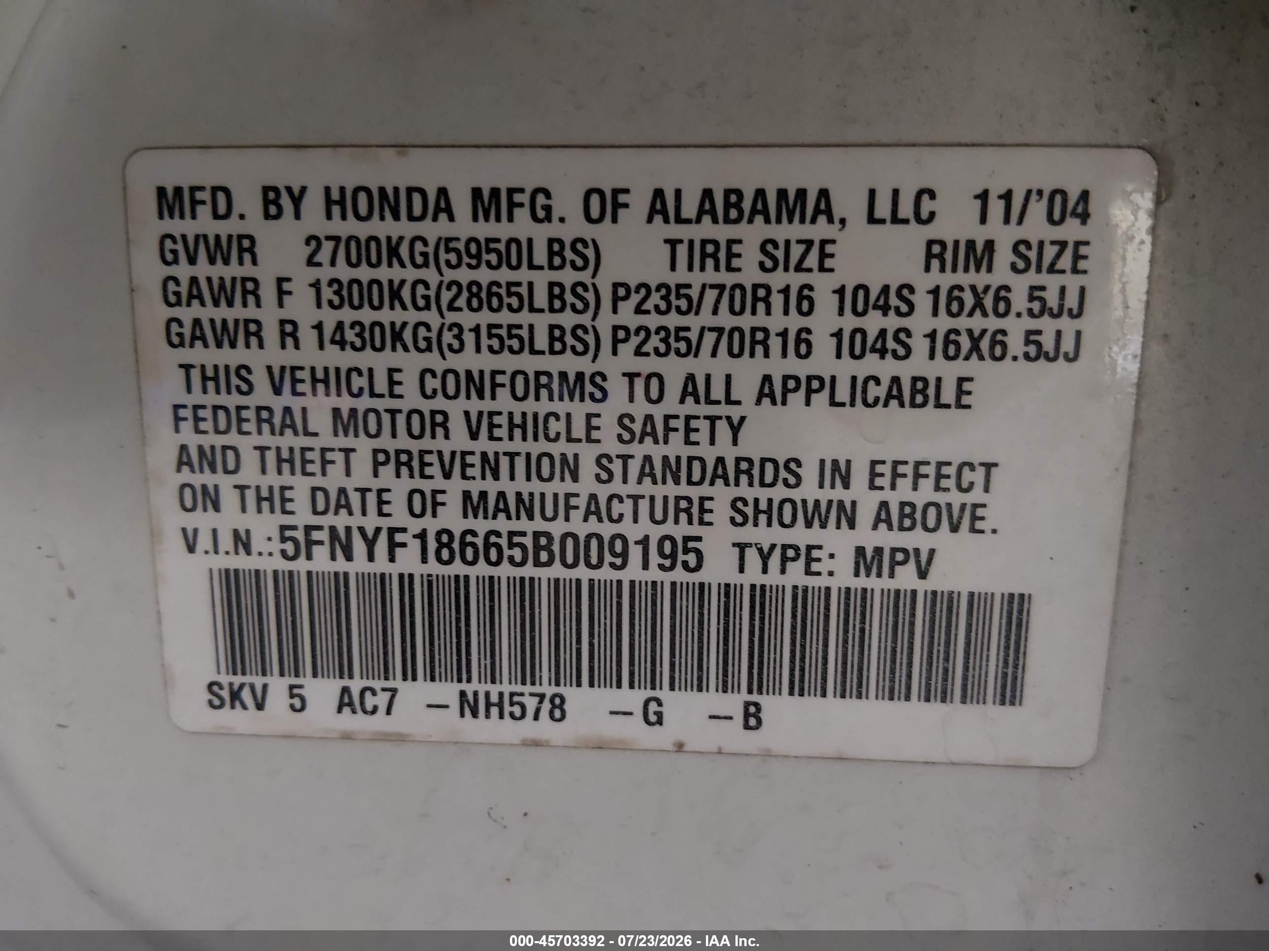 2005 Honda Pilot Ex-l Белый vin: 5FNYF18665B009195