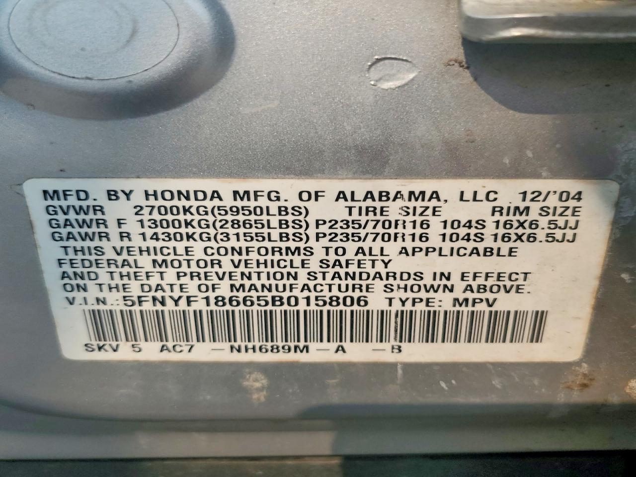 2005 Honda Pilot Exl Silver vin: 5FNYF18665B015806
