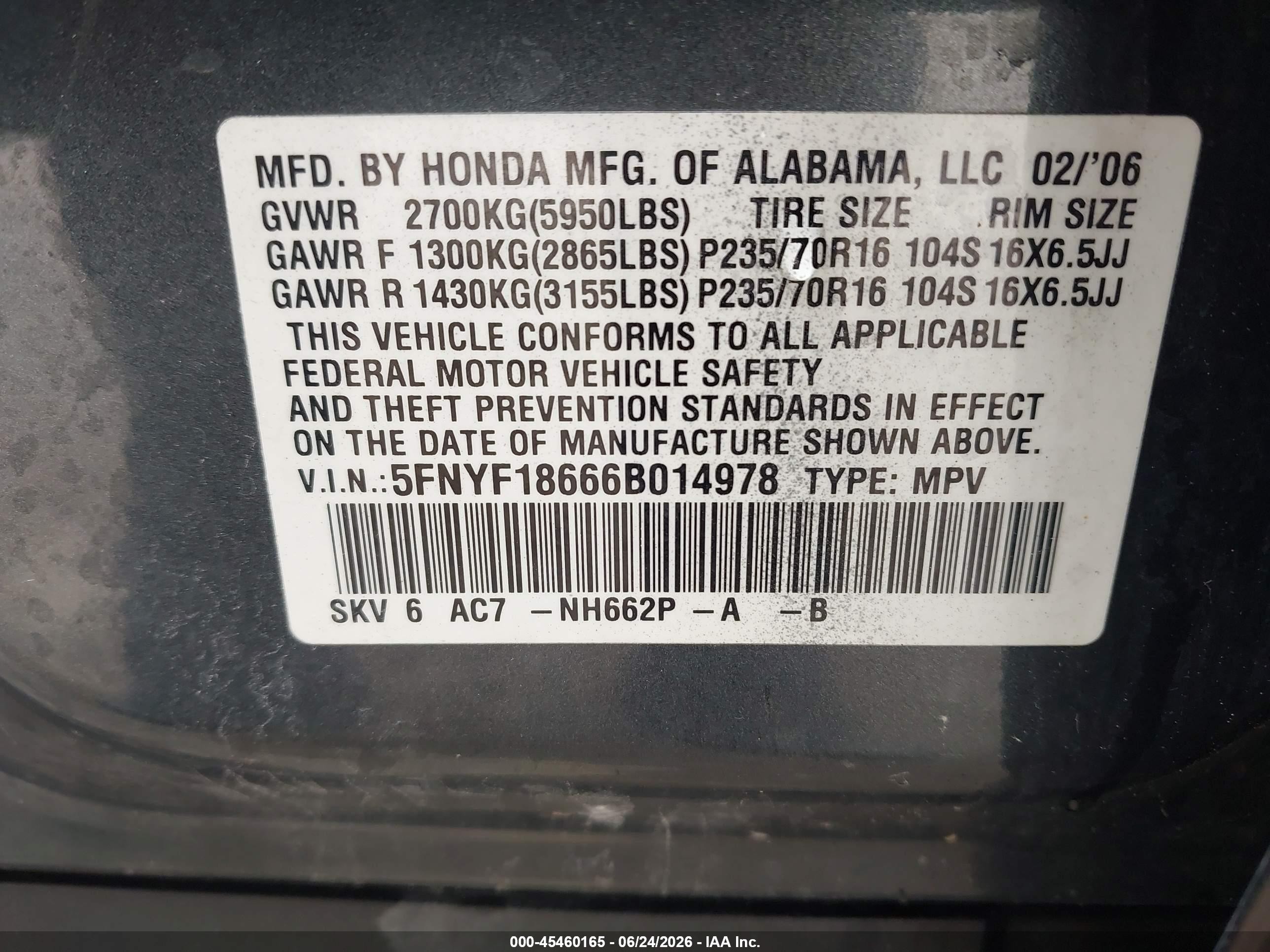 2006 Honda Pilot Ex-l Gray vin: 5FNYF18666B014978
