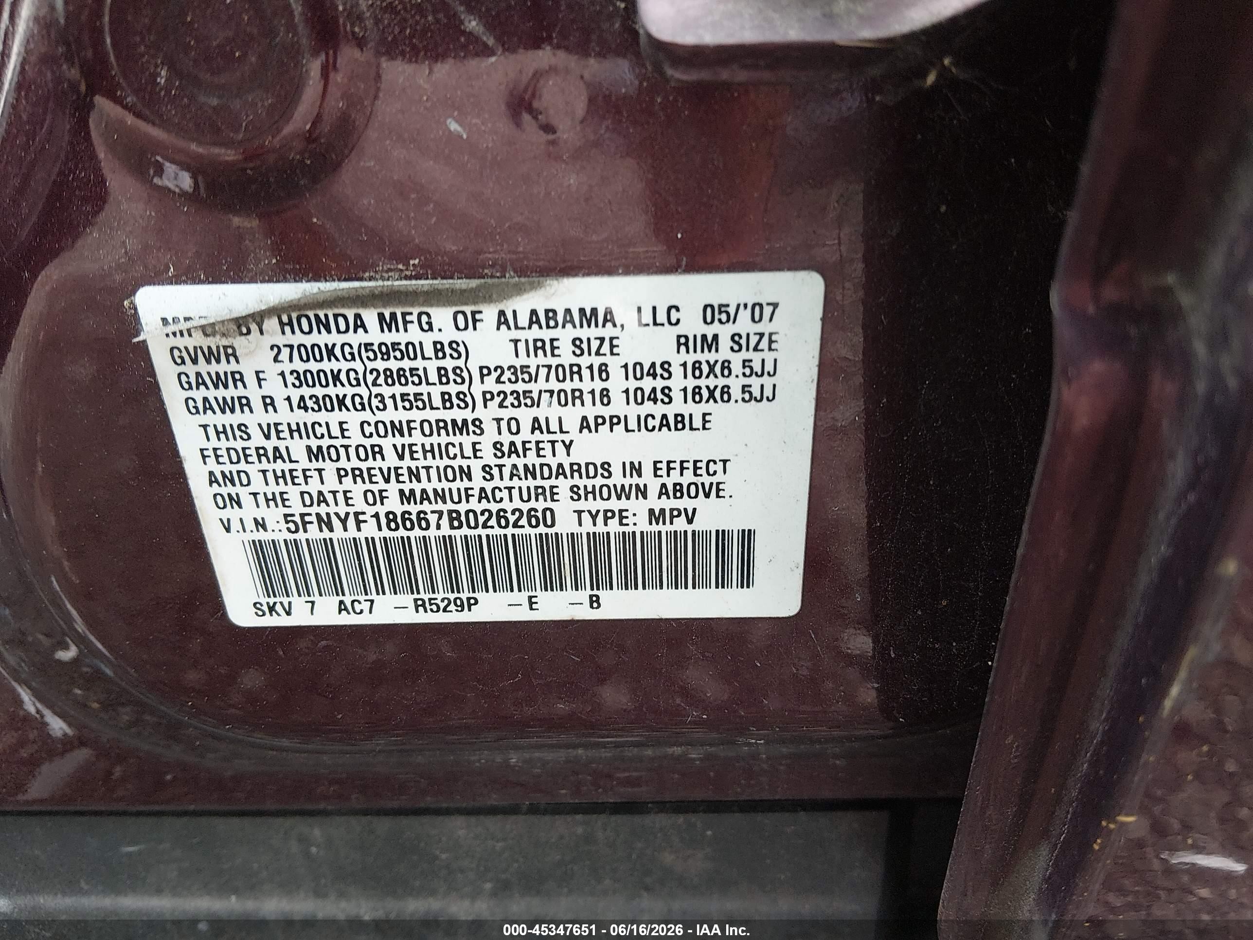 2007 Honda Pilot Ex-l Burgundy vin: 5FNYF18667B026260