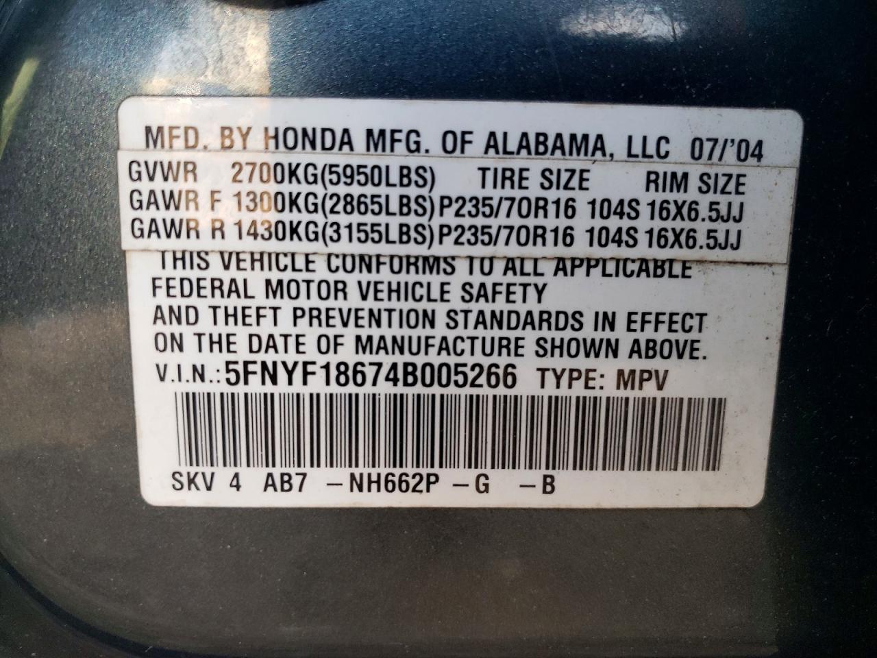 2004 Honda Pilot Exl Gray vin: 5FNYF18674B005266