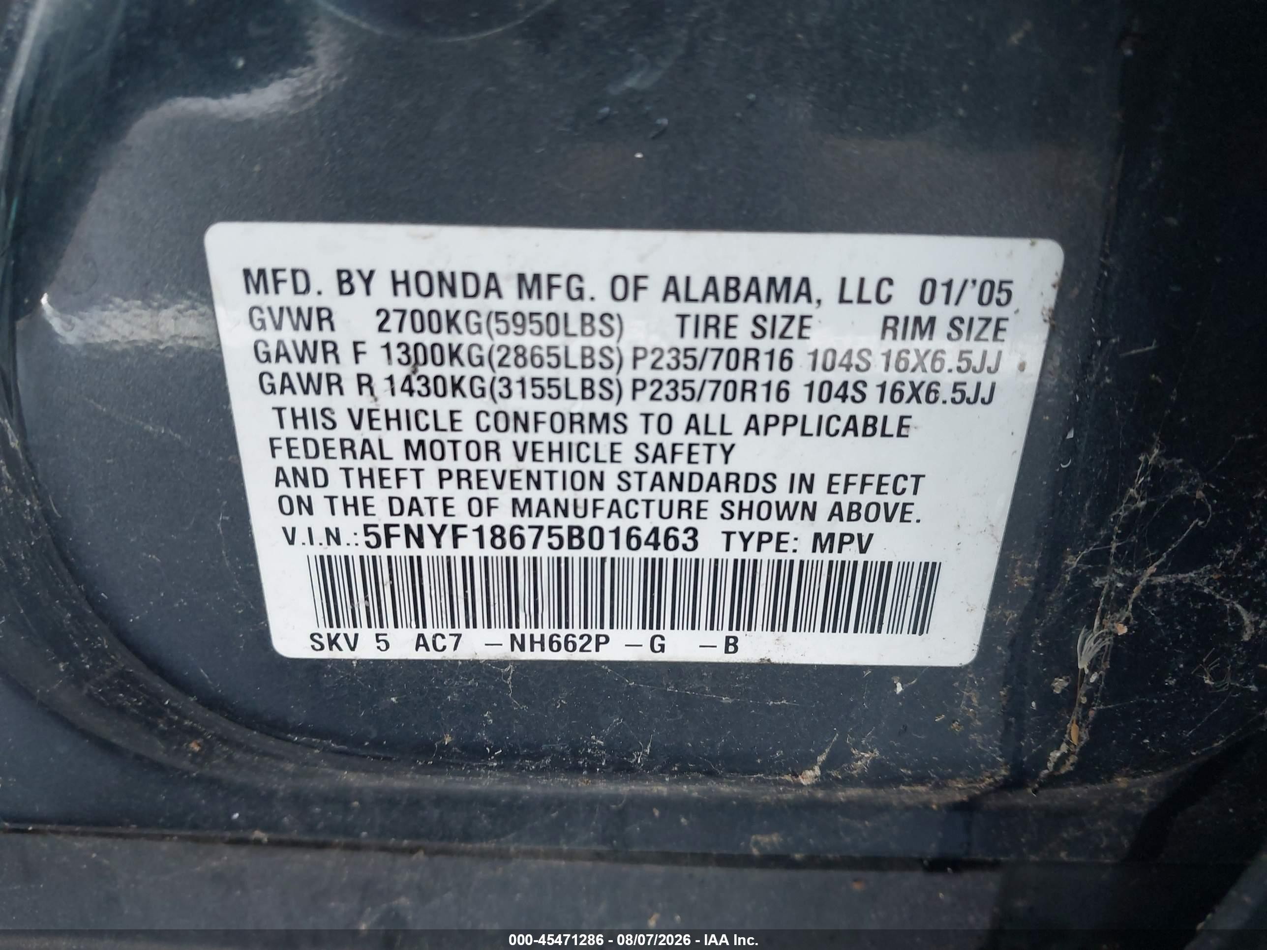 2005 Honda Pilot Ex-l Green vin: 5FNYF18675B016463