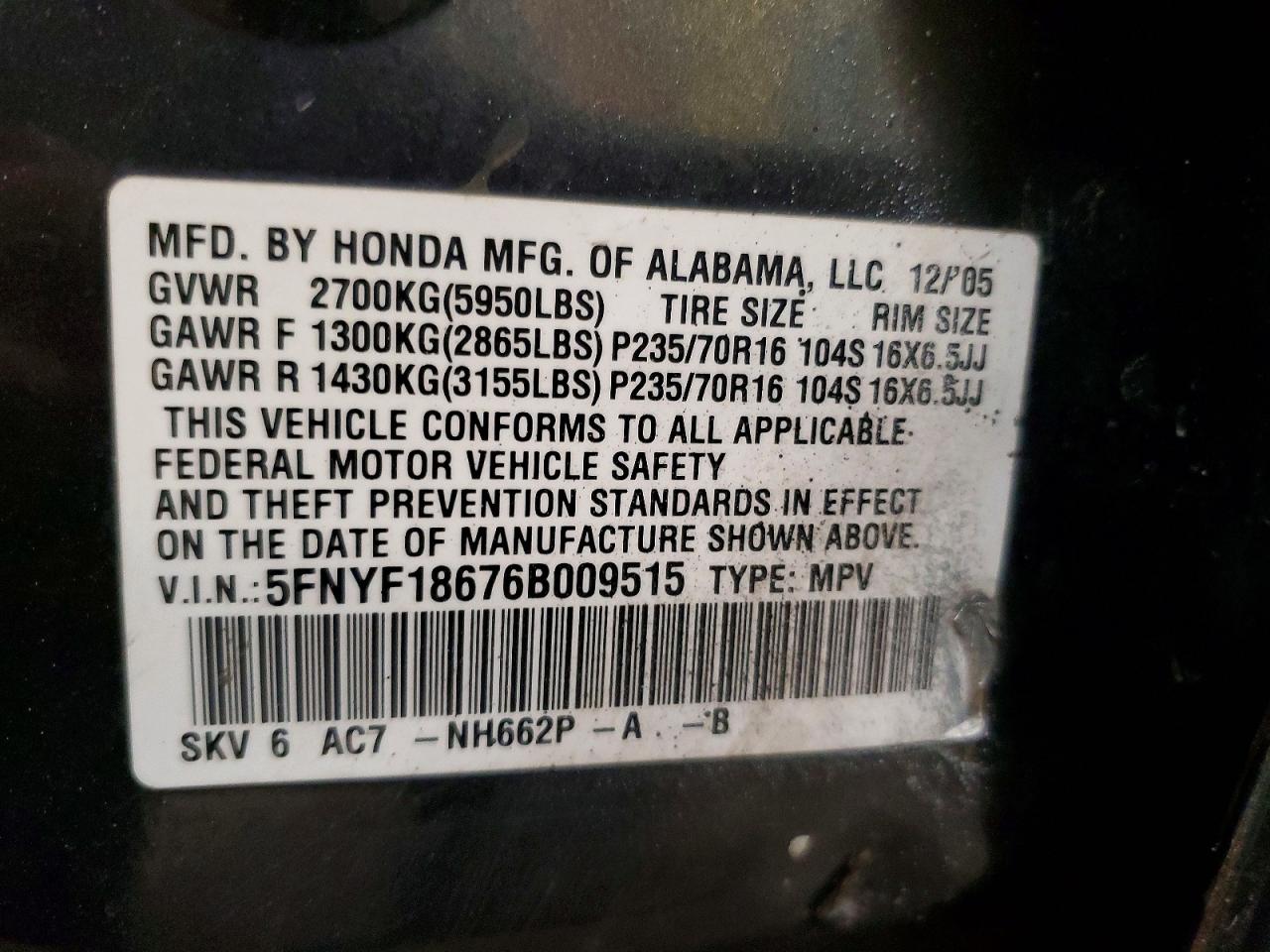 2006 Honda Pilot Ex Gray vin: 5FNYF18676B009515