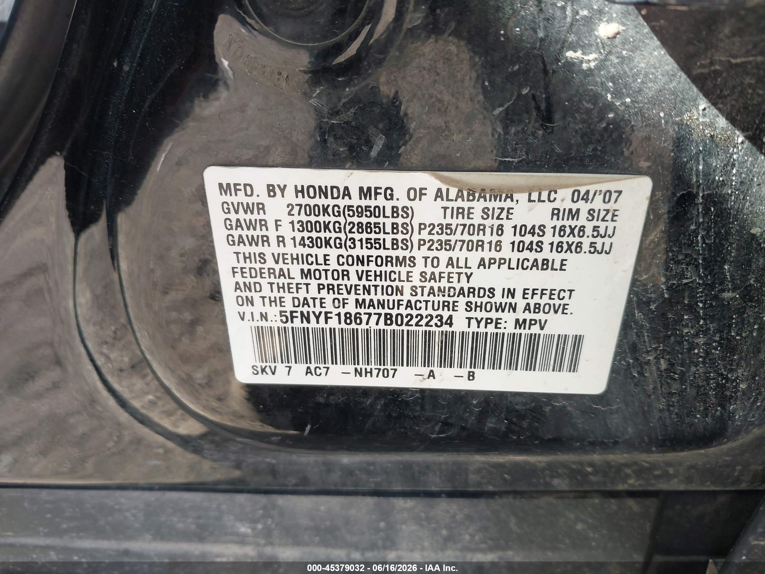 2007 Honda Pilot Ex-l Black vin: 5FNYF18677B022234