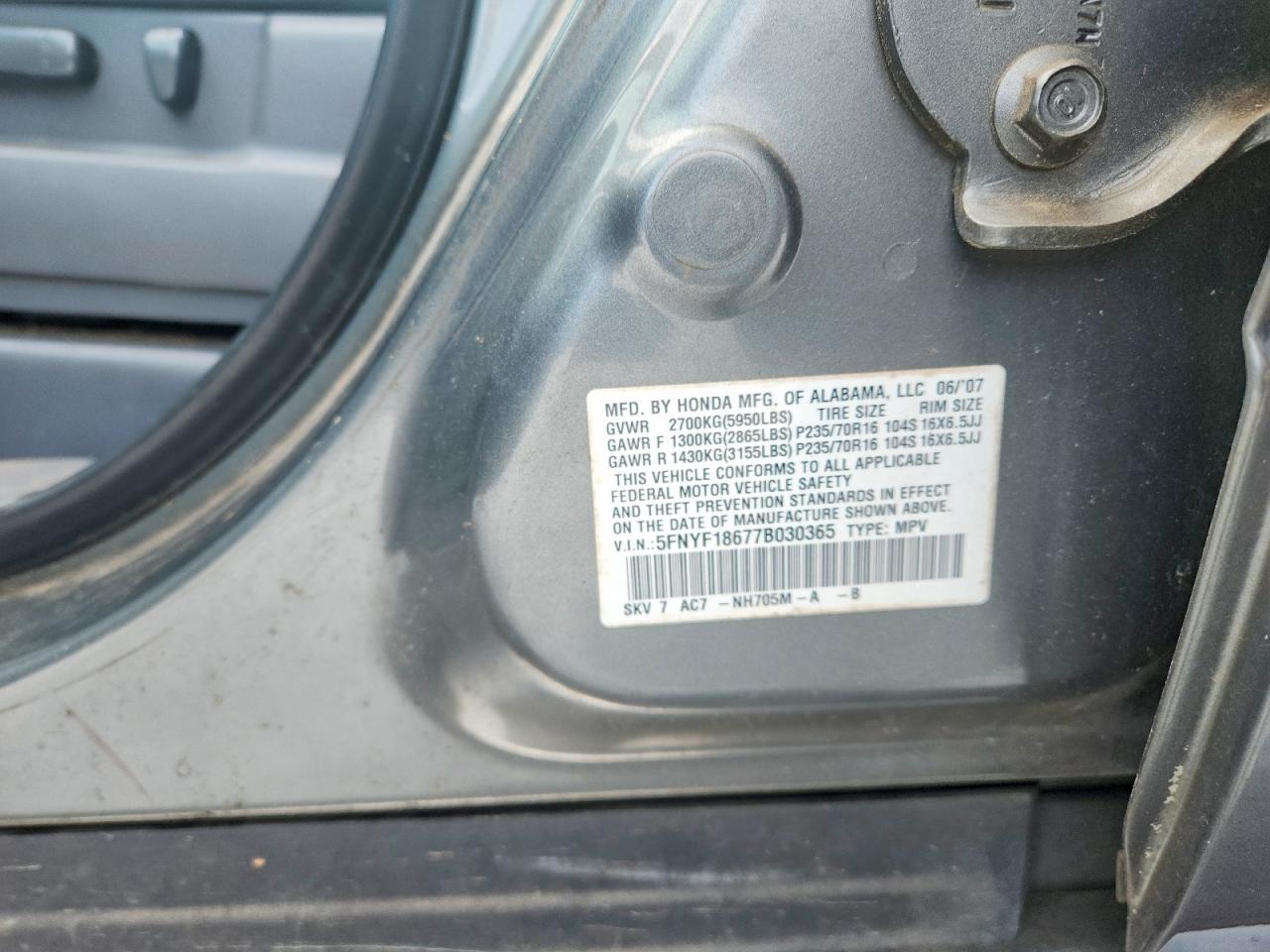 2007 Honda Pilot Exl Угольный vin: 5FNYF18677B030365