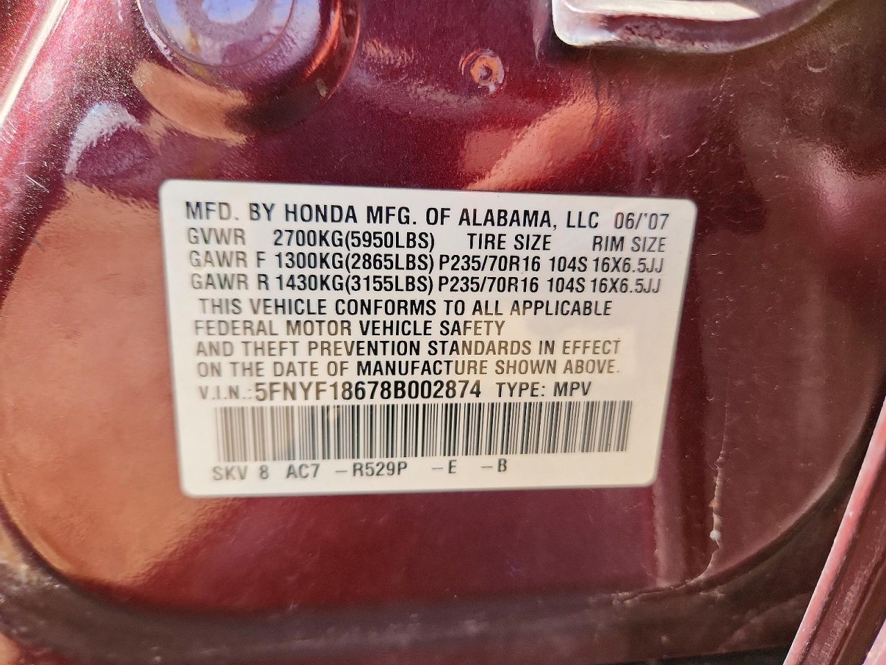 2008 Honda Pilot Exl Burgundy vin: 5FNYF18678B002874