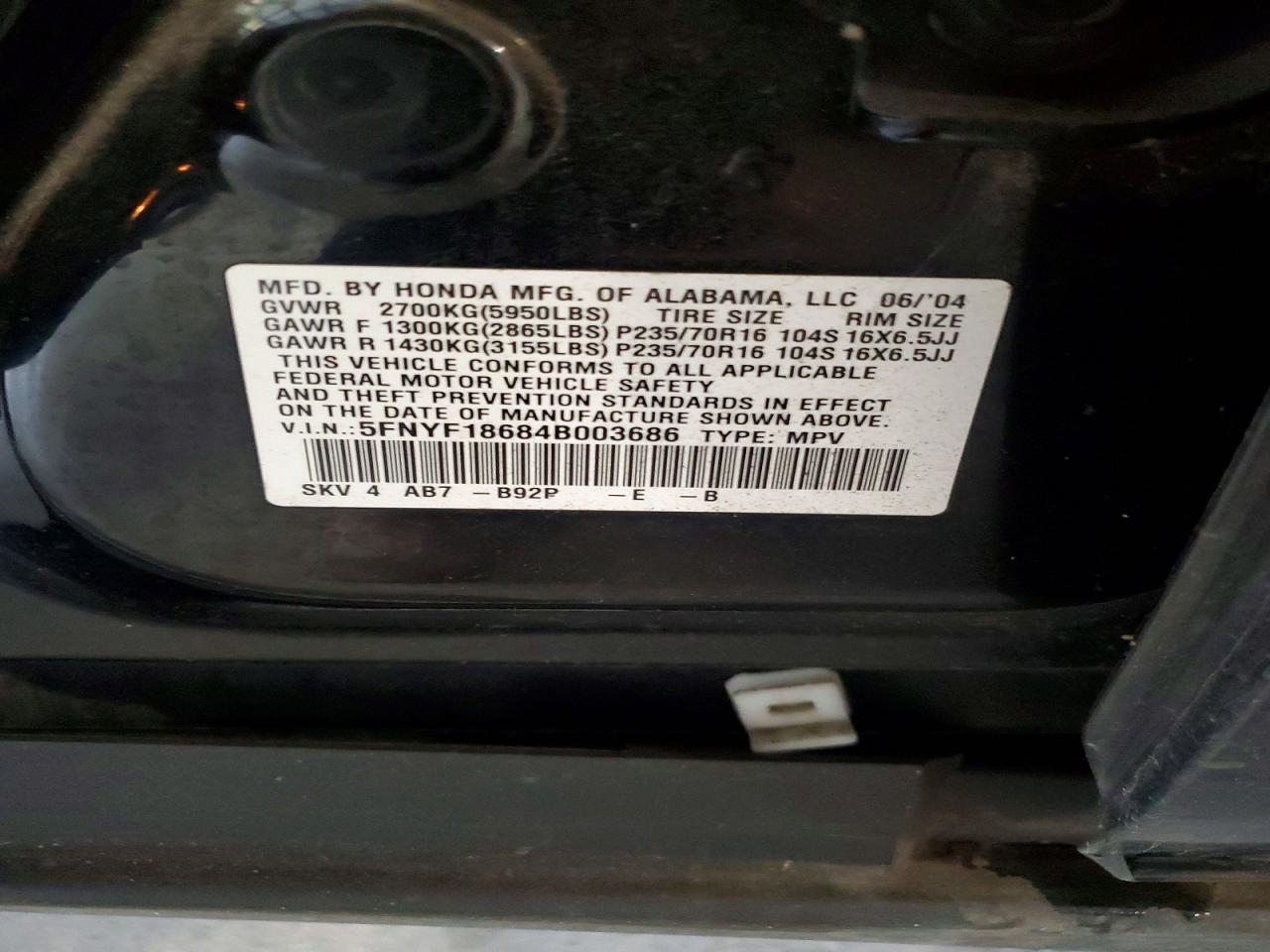 2004 Honda Pilot Exl Black vin: 5FNYF18684B003686