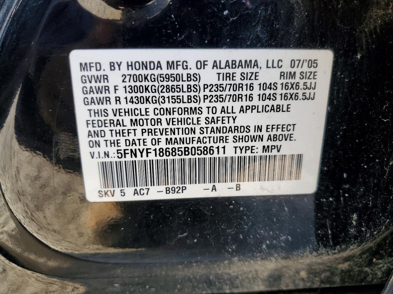 2005 Honda Pilot Exl Black vin: 5FNYF18685B058611