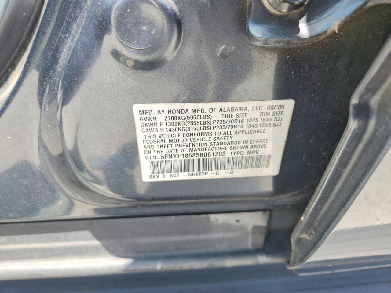 2005 Honda Pilot Exl Gray vin: 5FNYF18685B061203