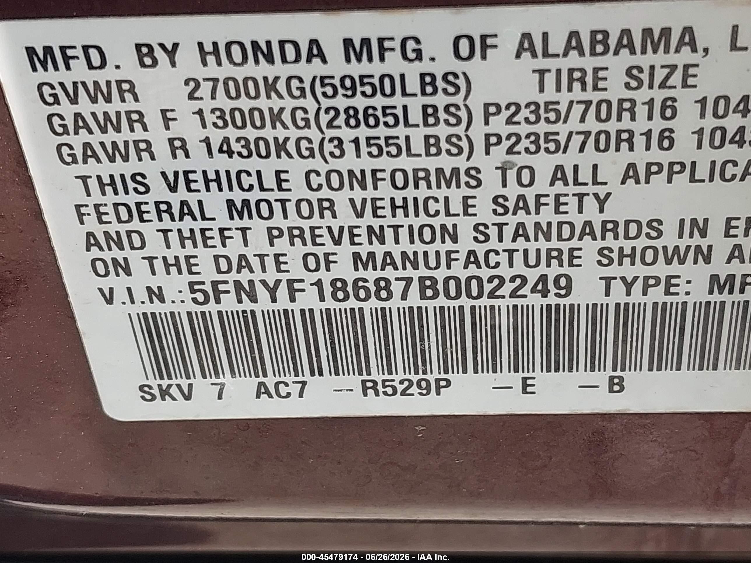 2007 Honda Pilot Ex-l Темно-бордовый vin: 5FNYF18687B002249