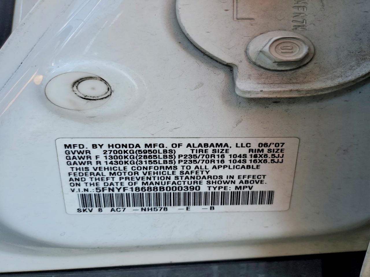 2008 Honda Pilot Exl White vin: 5FNYF18688B000390