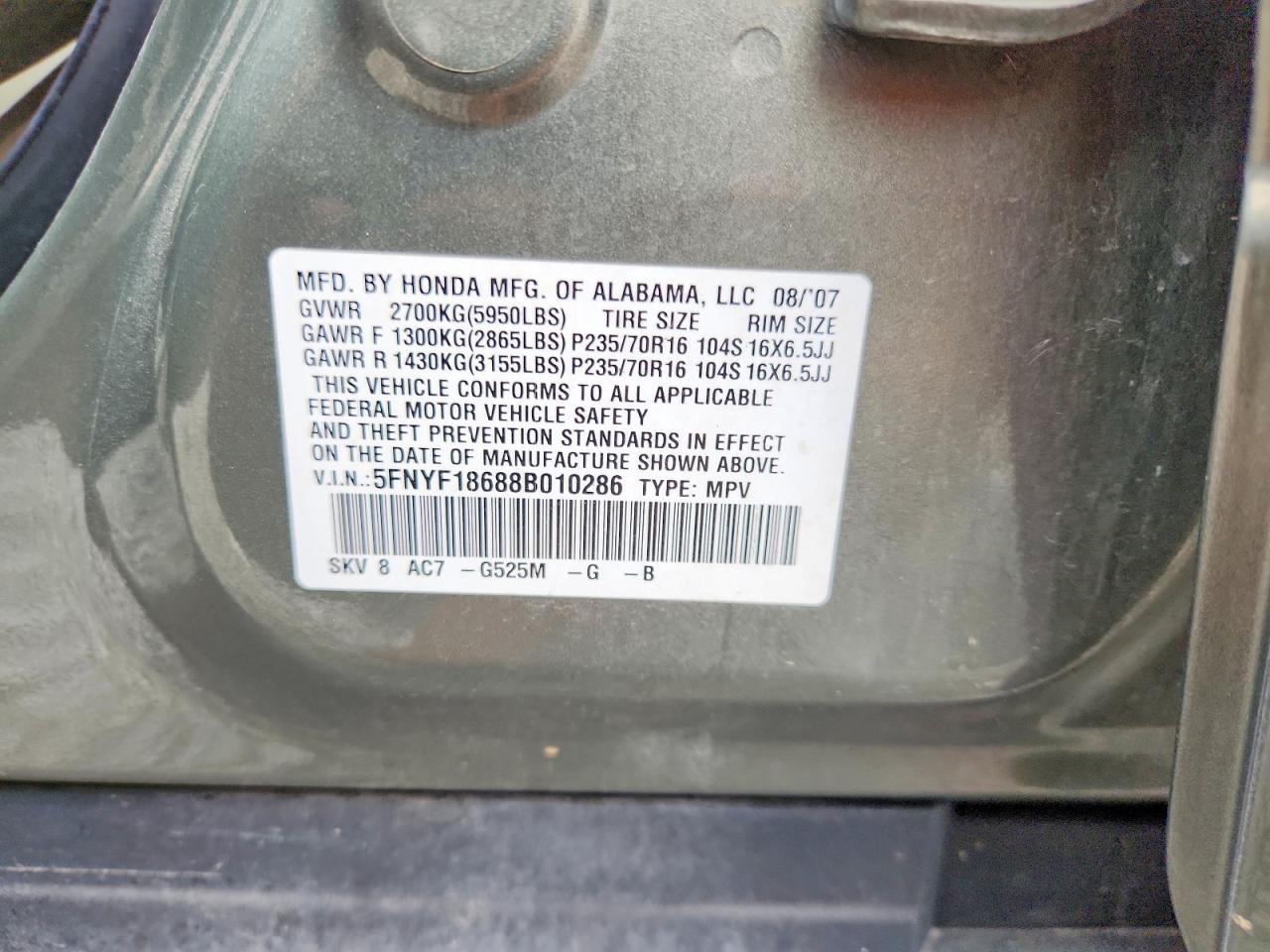 2008 Honda Pilot Exl Green vin: 5FNYF18688B010286