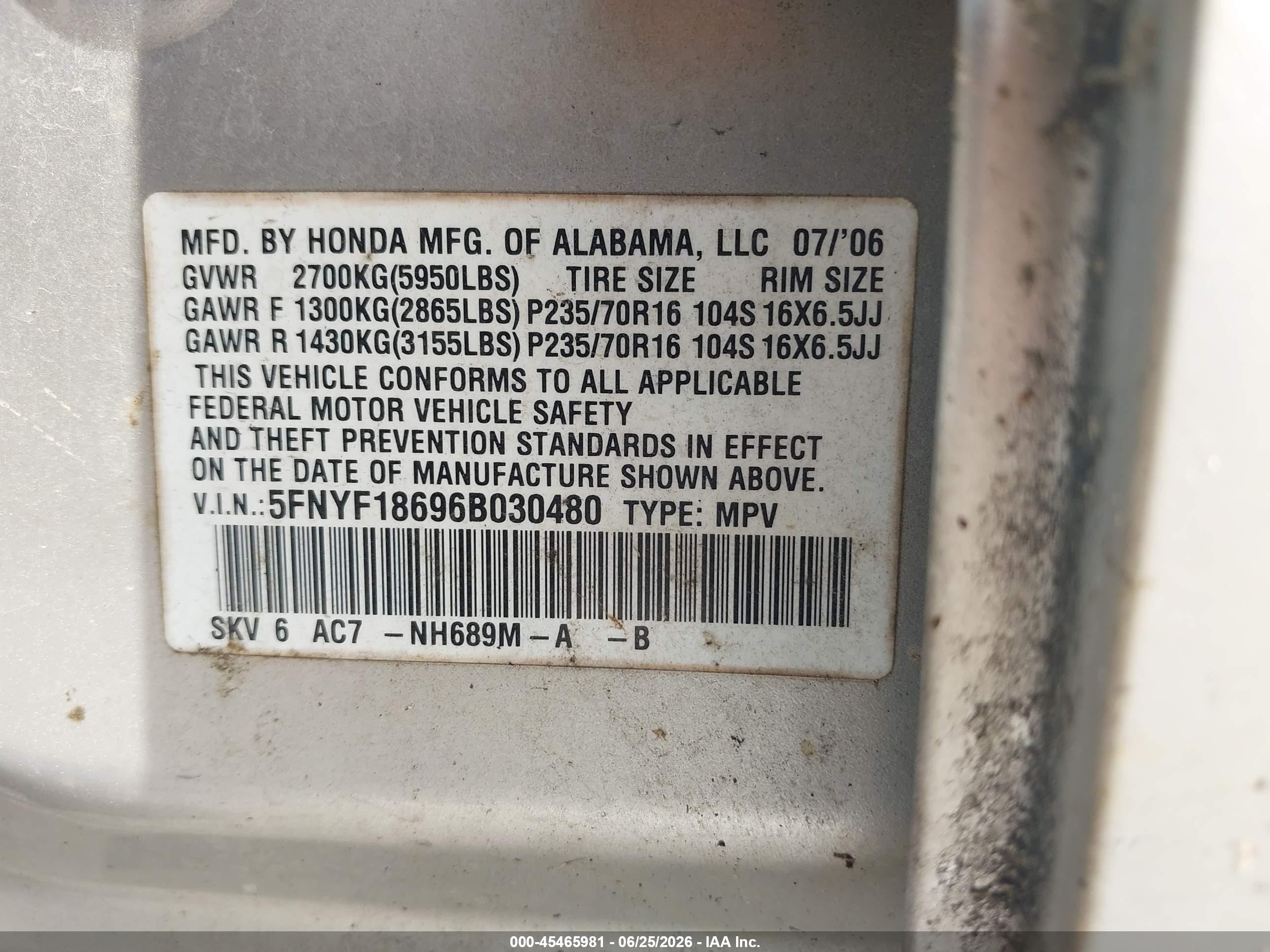 2006 Honda Pilot Ex-l Silver vin: 5FNYF18696B030480