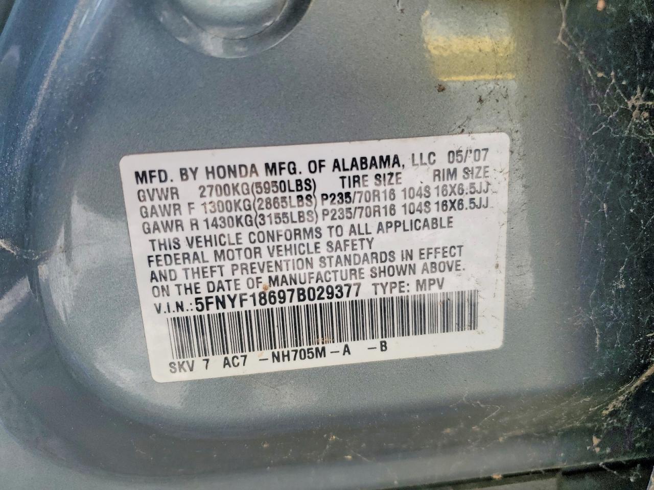 2007 Honda Pilot Exl Gray vin: 5FNYF18697B029377