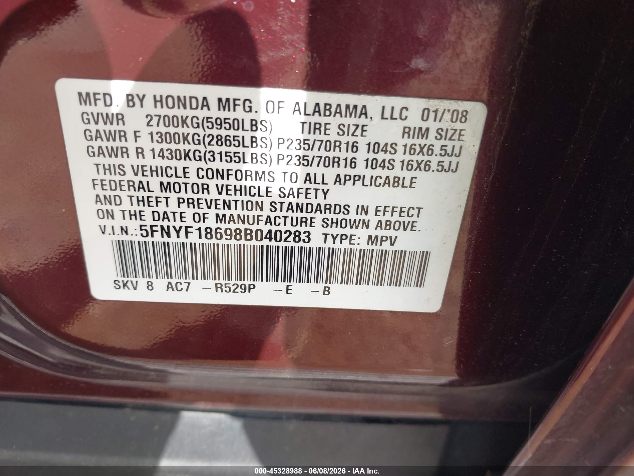 2008 Honda Pilot Ex-l Maroon vin: 5FNYF18698B040283