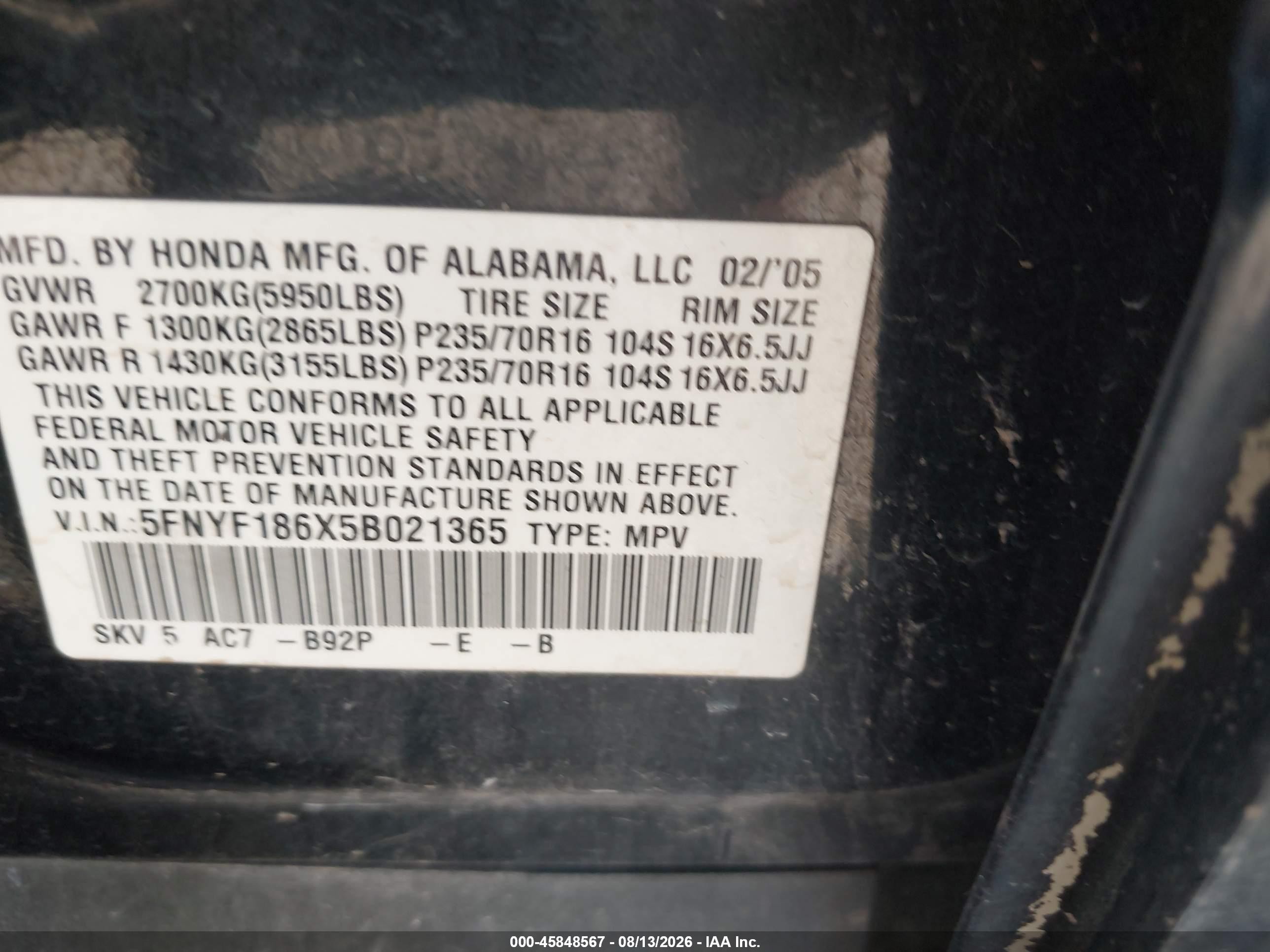 2005 Honda Pilot Ex-l Черный vin: 5FNYF186X5B021365
