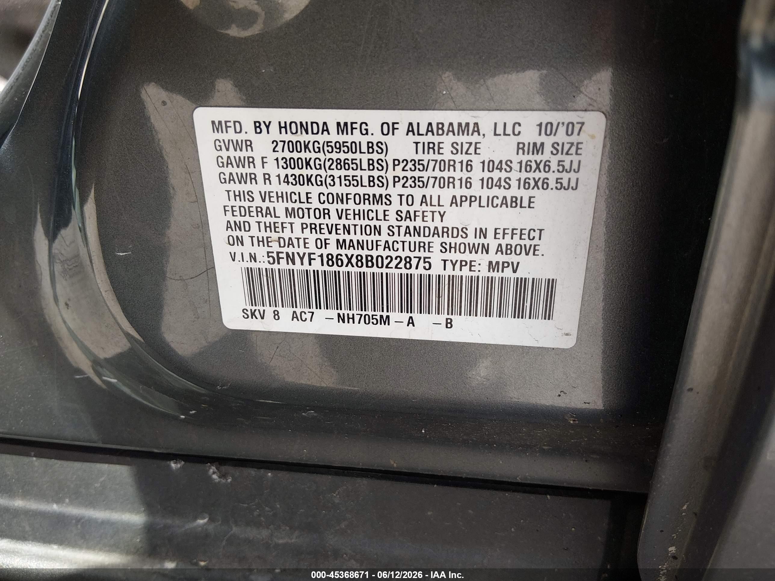 2008 Honda Pilot Ex-l Gray vin: 5FNYF186X8B022875