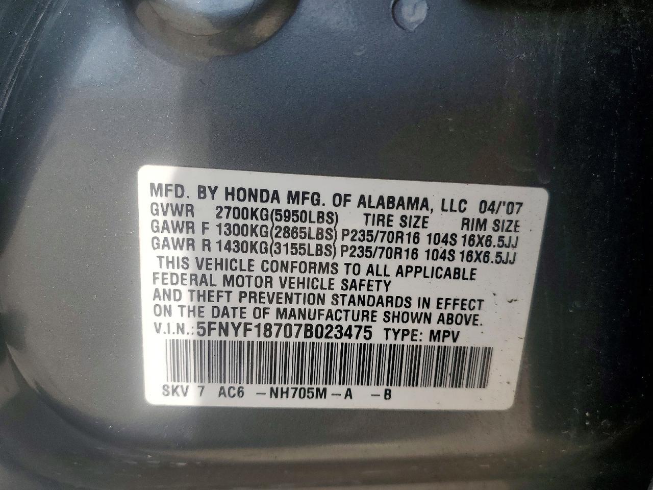 2007 Honda Pilot Exl Gray vin: 5FNYF18707B023475
