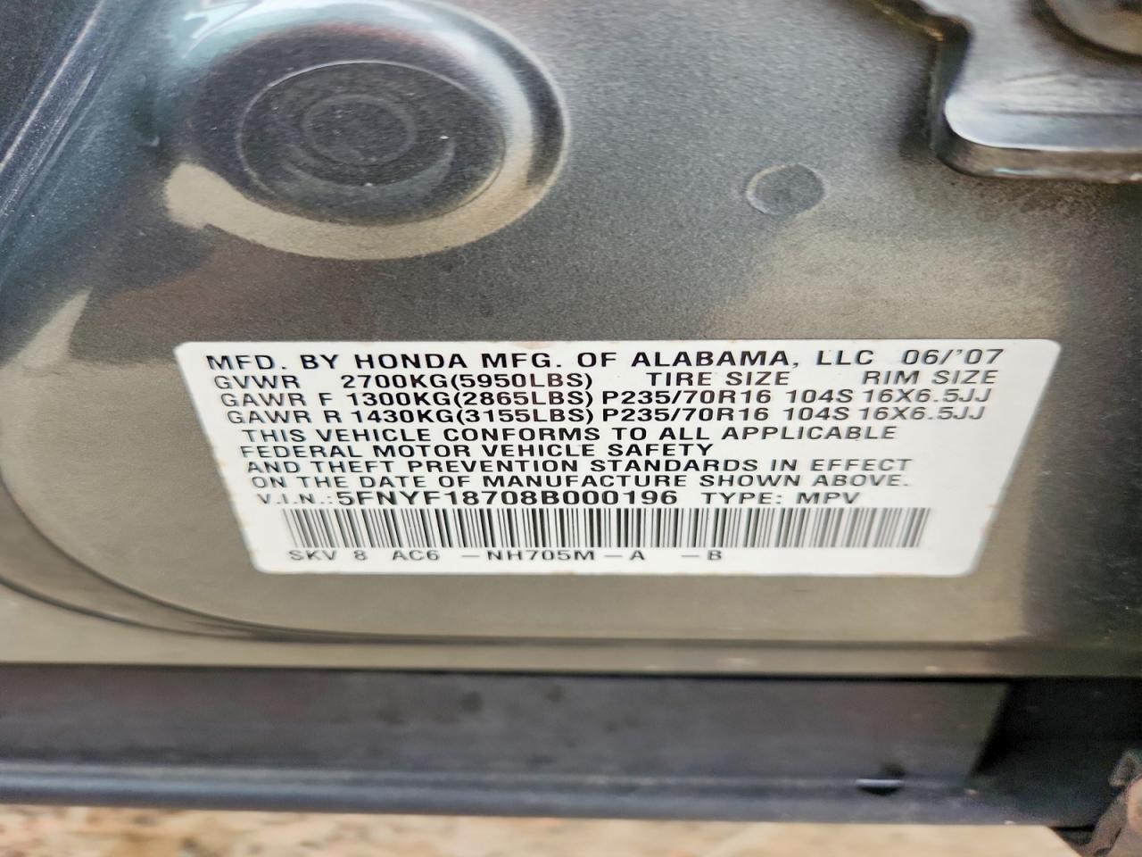 2008 Honda Pilot Exl Gray vin: 5FNYF18708B000196