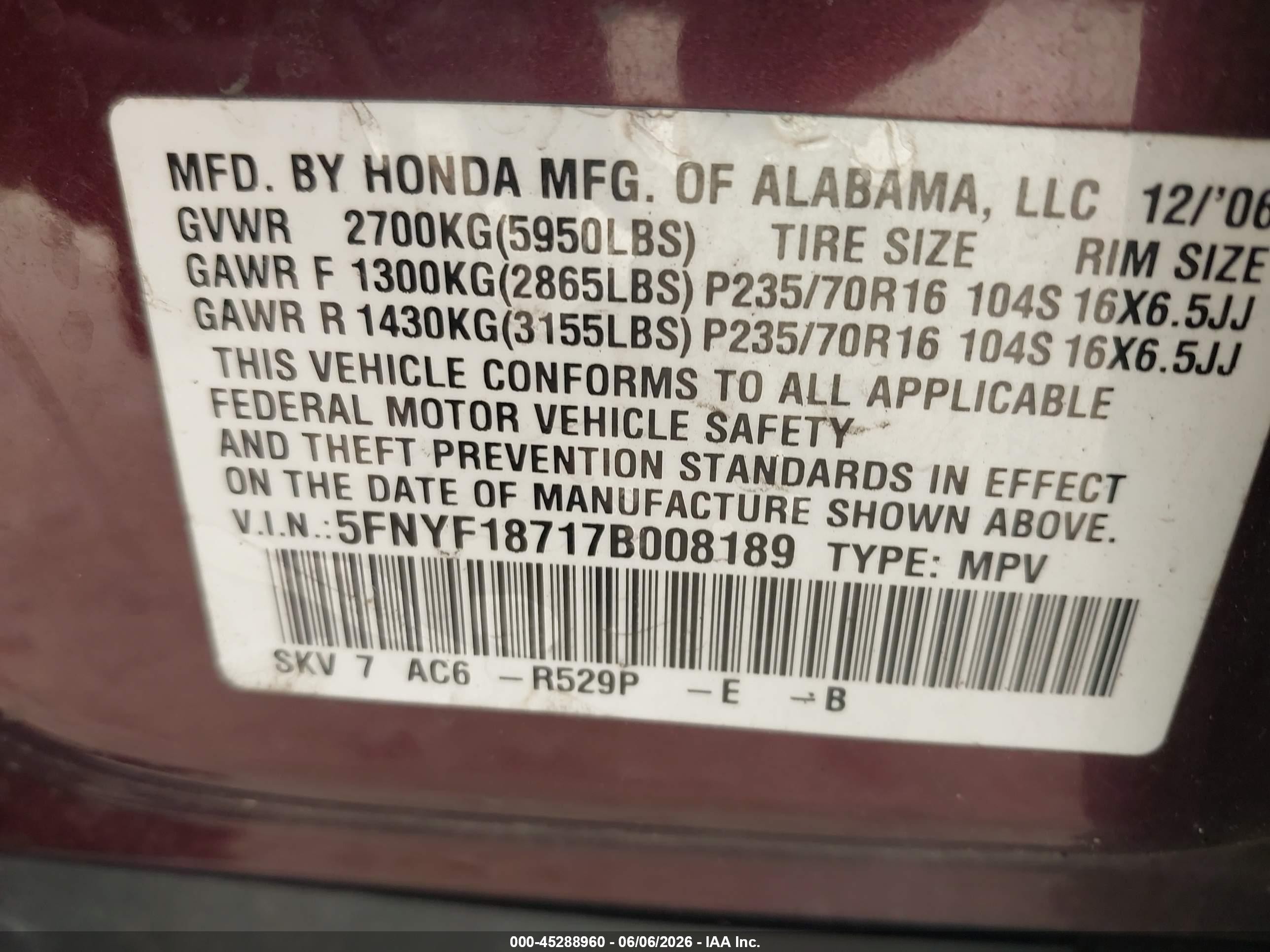 2007 Honda Pilot Ex-l Purple vin: 5FNYF18717B008189