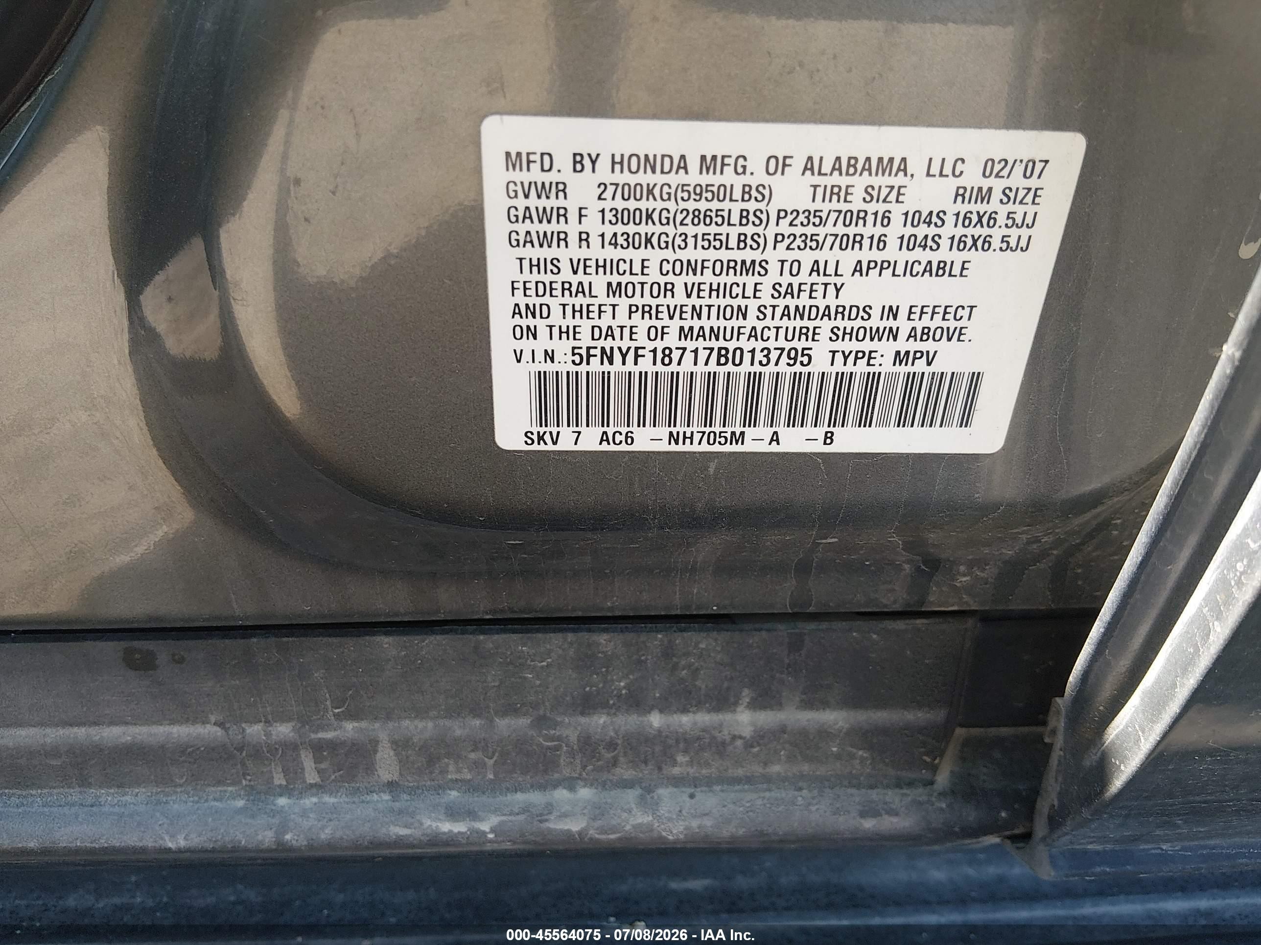 2007 Honda Pilot Ex-l Gray vin: 5FNYF18717B013795