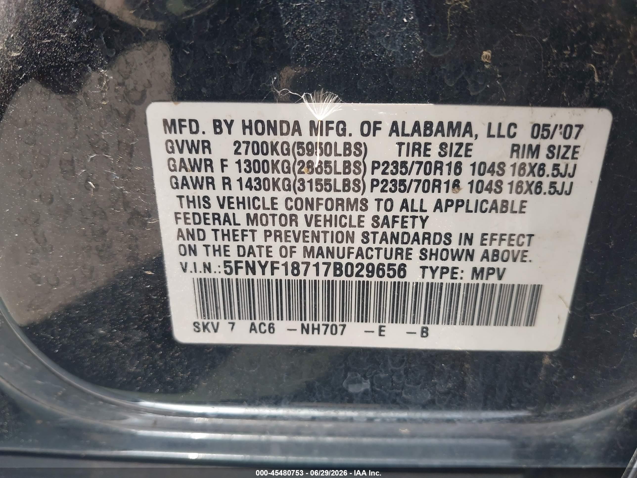 2007 Honda Pilot Ex-l Black vin: 5FNYF18717B029656