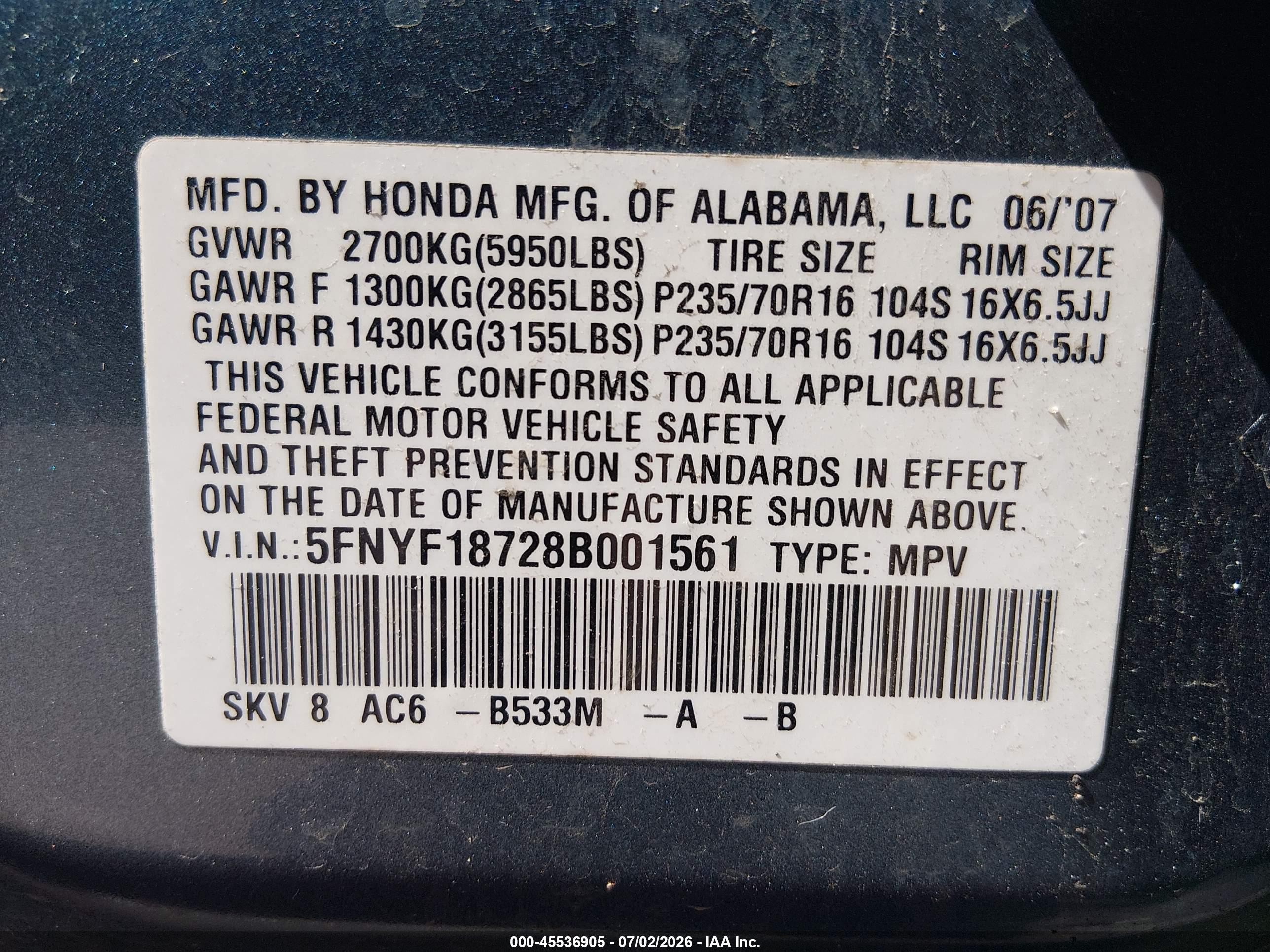 2008 Honda Pilot Ex-l Turquoise vin: 5FNYF18728B001561
