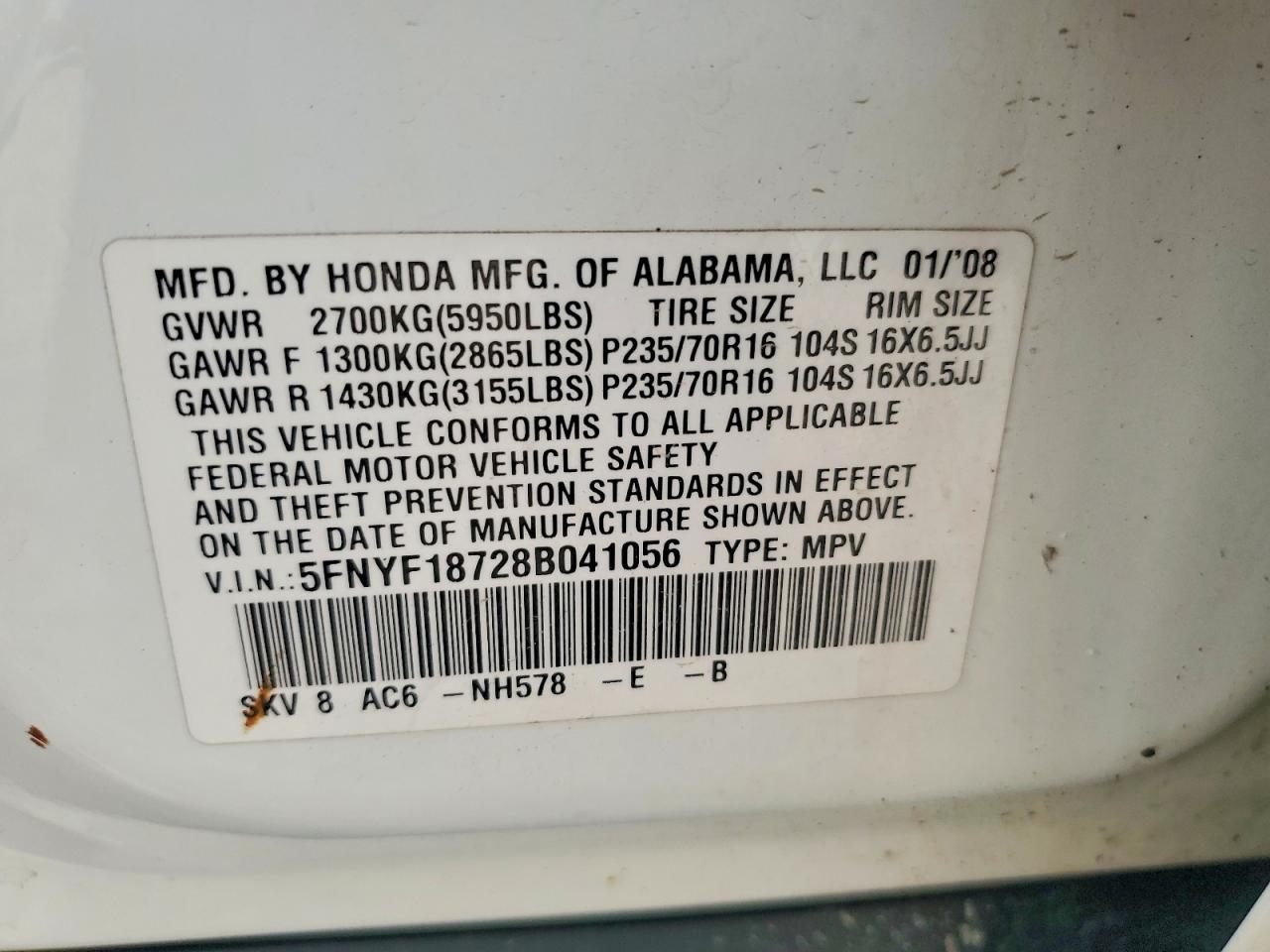 2008 Honda Pilot Exl White vin: 5FNYF18728B041056