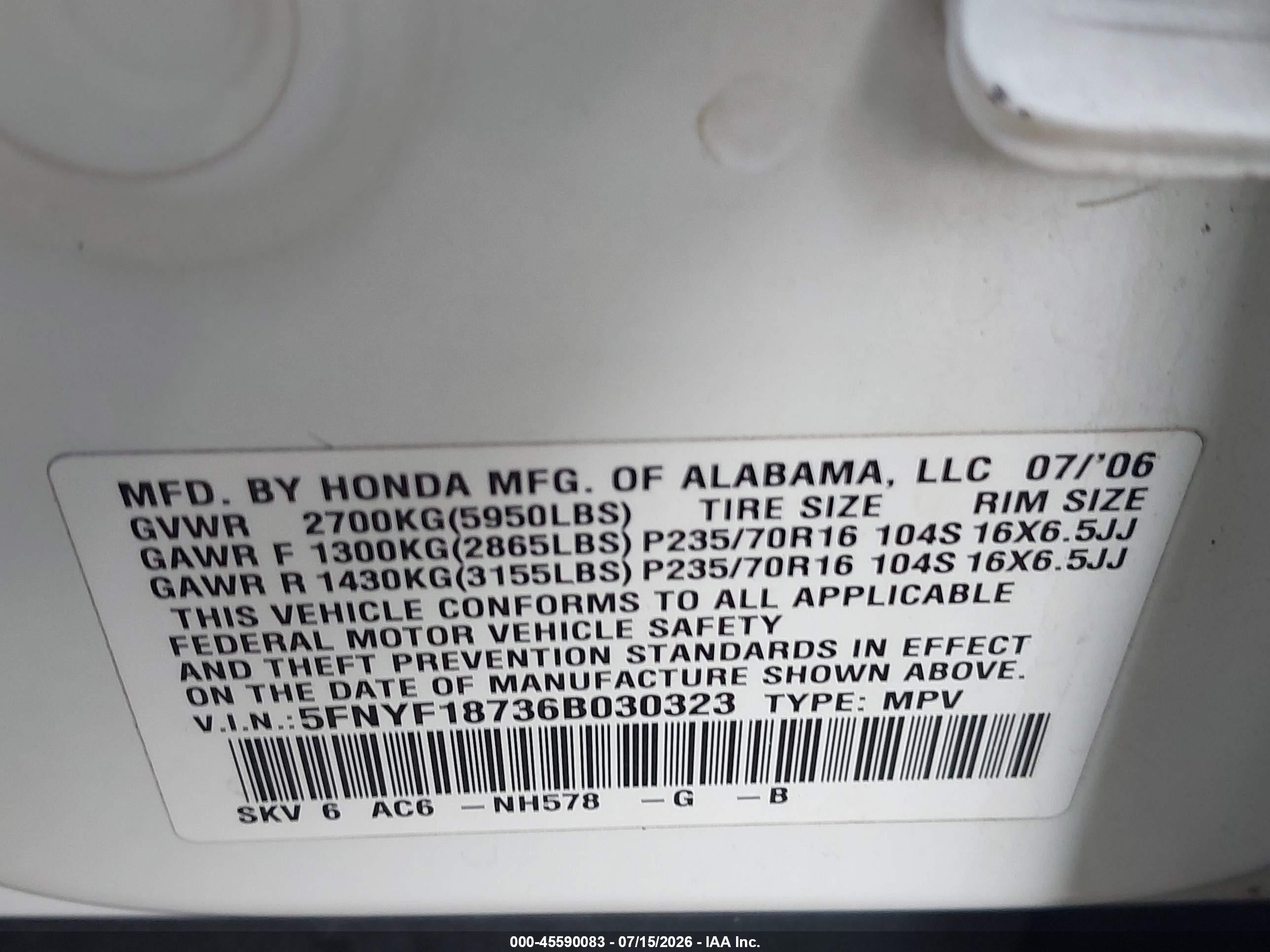 2006 Honda Pilot Ex-l White vin: 5FNYF18736B030323