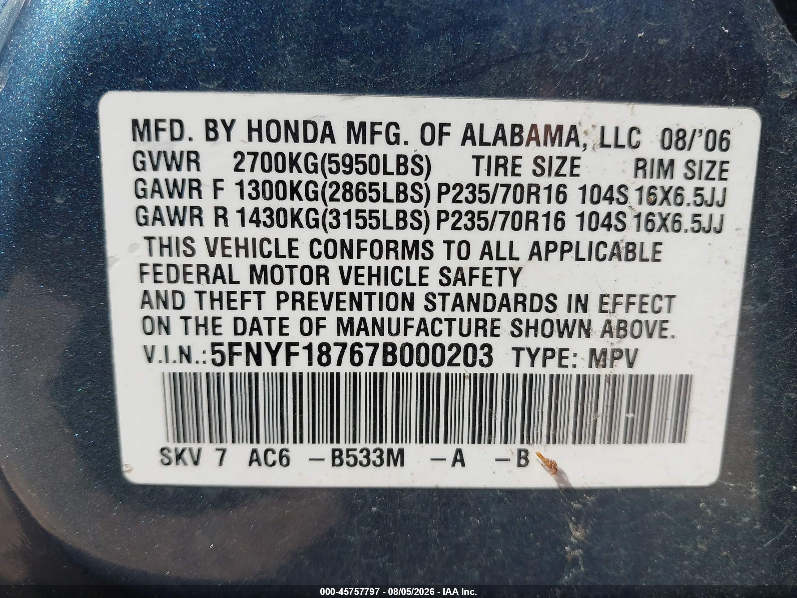 2007 Honda Pilot Ex-l Light Blue vin: 5FNYF18767B000203