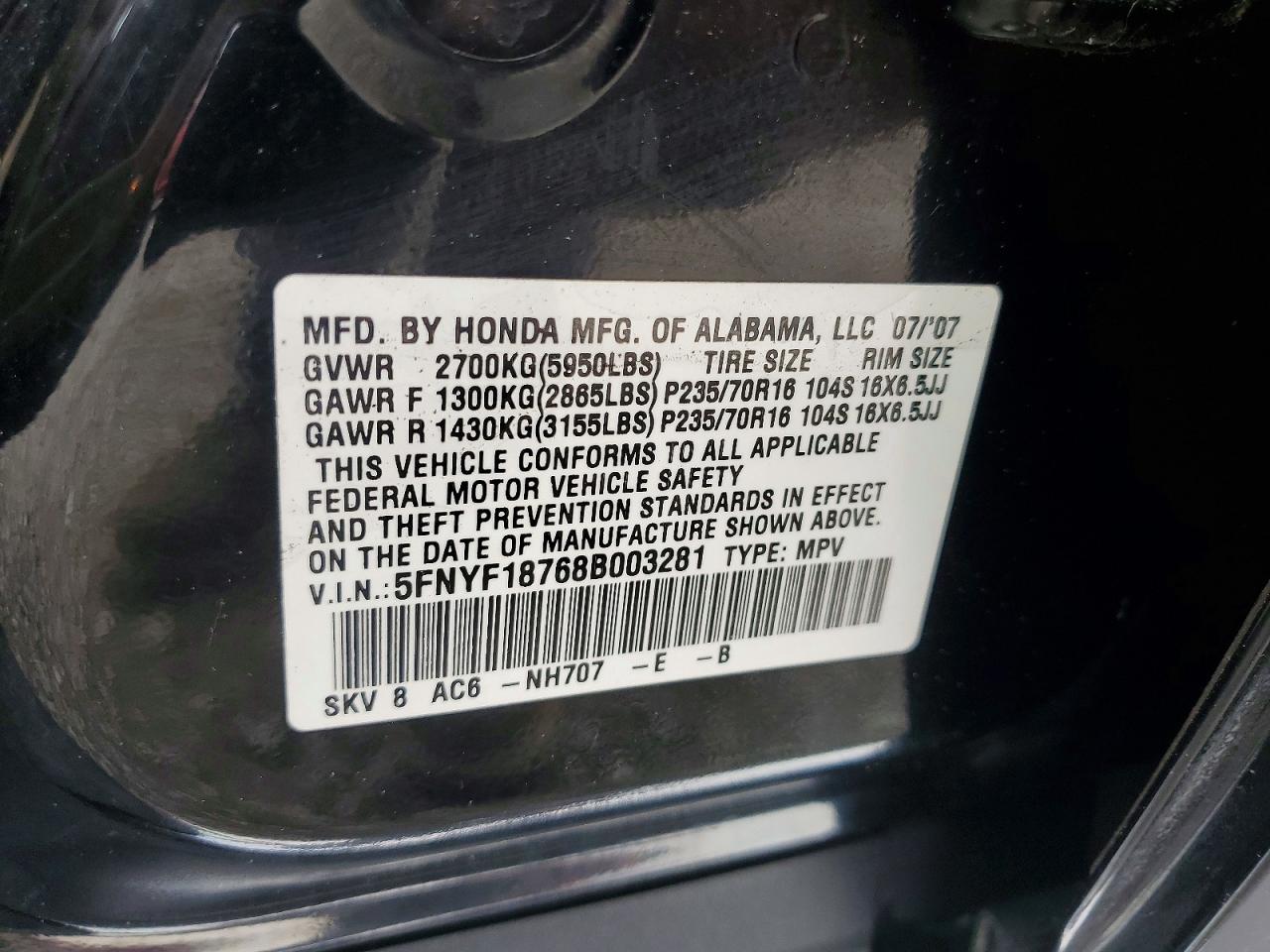 2008 Honda Pilot Exl Black vin: 5FNYF18768B003281