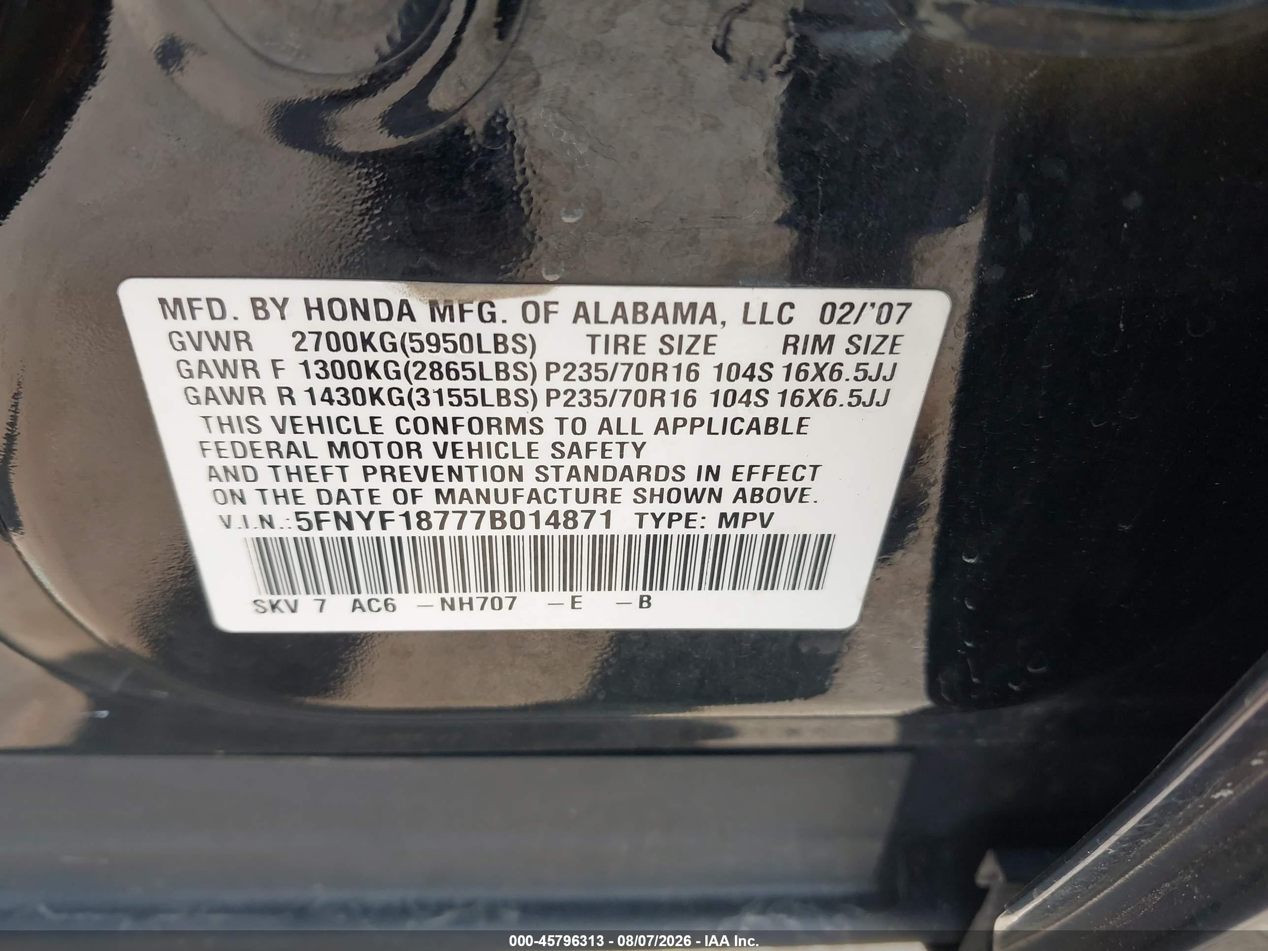 2007 Honda Pilot Ex-l Black vin: 5FNYF18777B014871