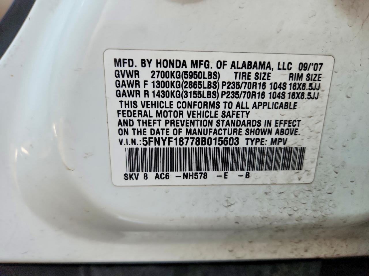 2008 Honda Pilot Exl White vin: 5FNYF18778B015603