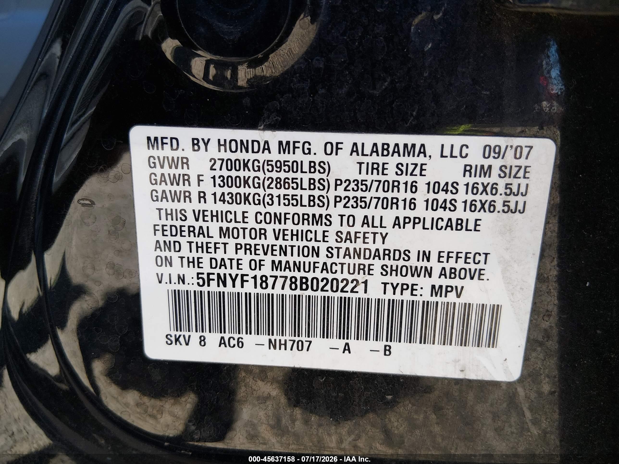 2008 Honda Pilot Ex-l Black vin: 5FNYF18778B020221