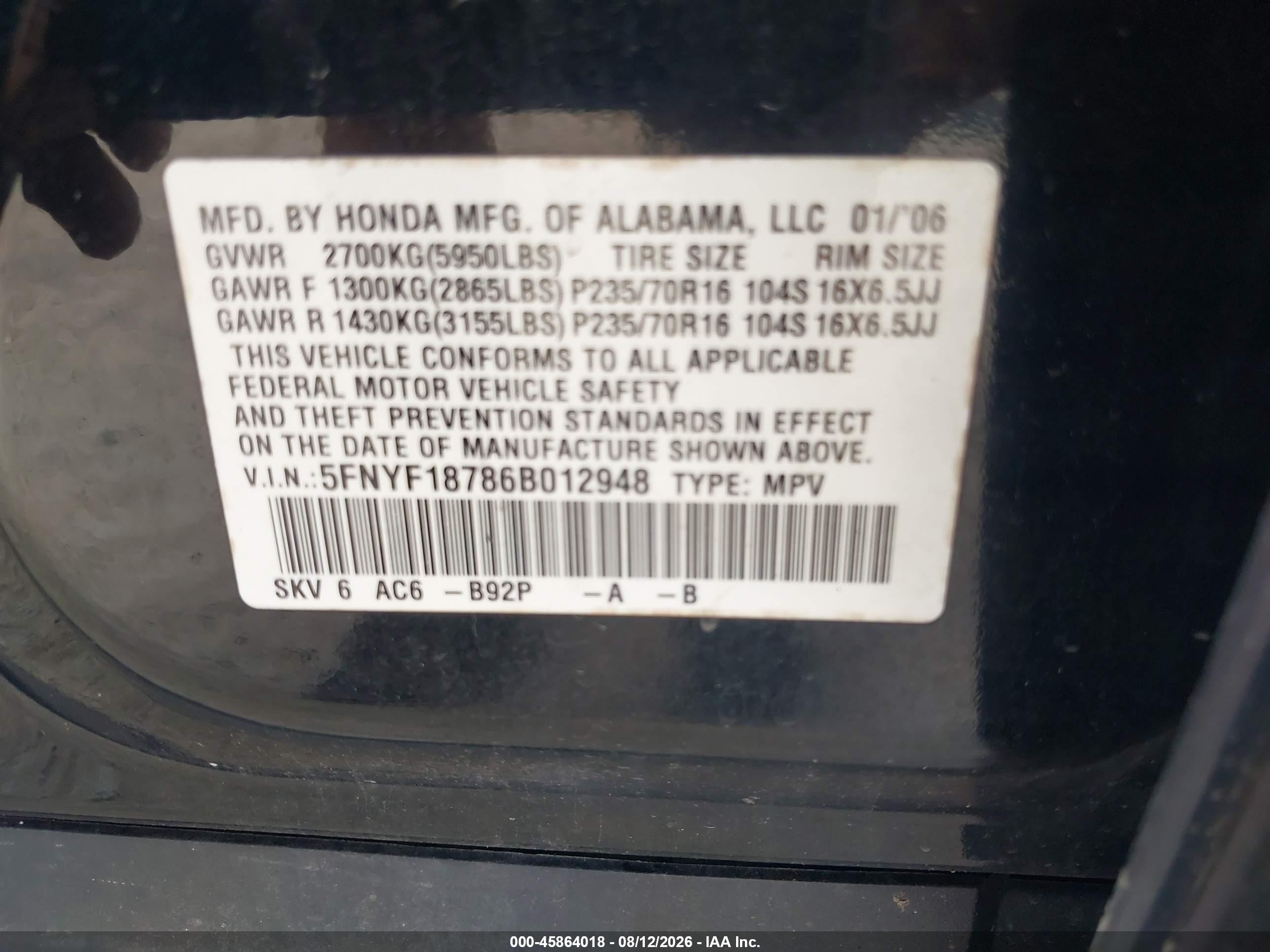 2006 Honda Pilot Ex-l Black vin: 5FNYF18786B012948