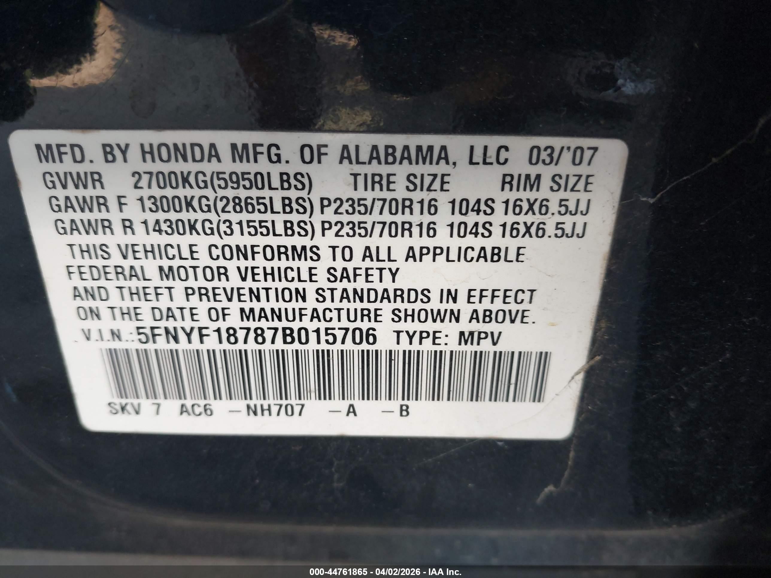 2007 Honda Pilot Ex-l Gray vin: 5FNYF18787B015706