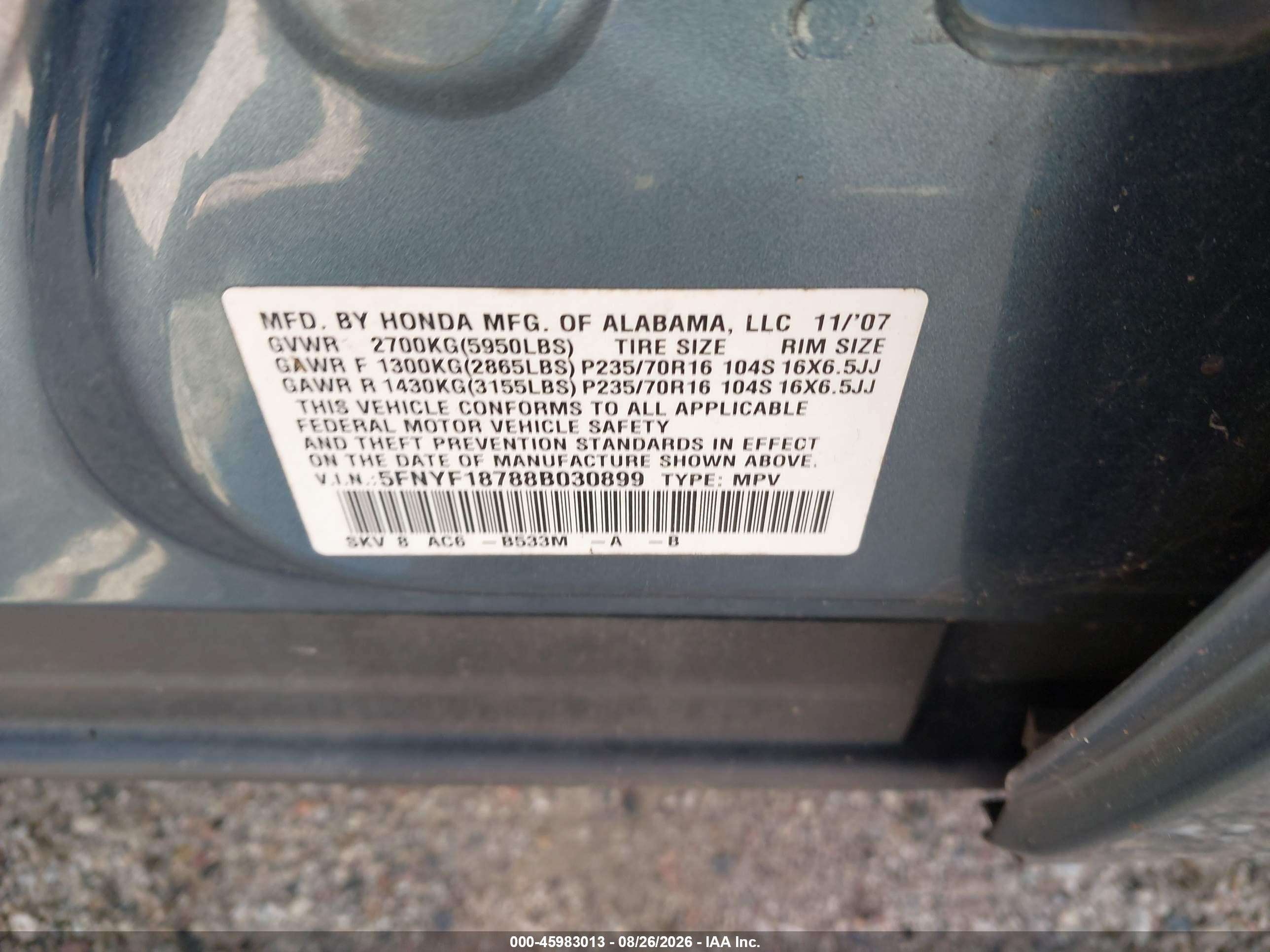 2008 Honda Pilot Ex-l Light Blue vin: 5FNYF18788B030899