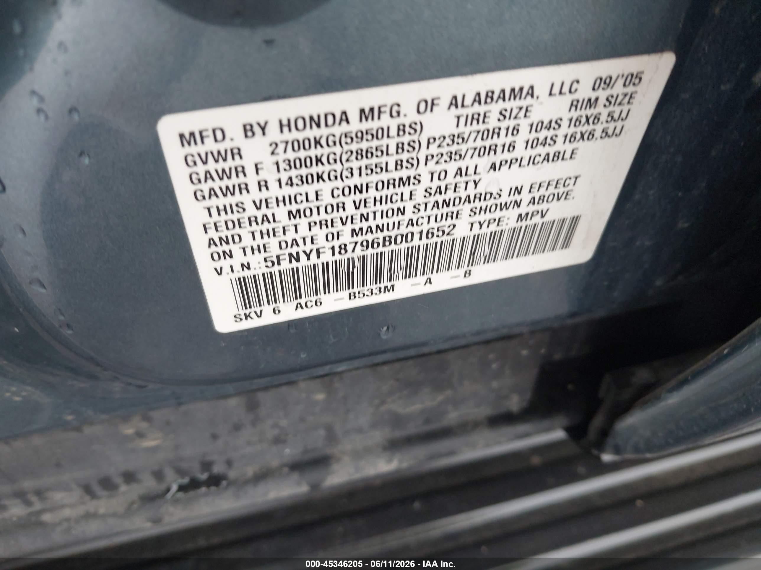 2006 Honda Pilot Ex-l Blue vin: 5FNYF18796B001652