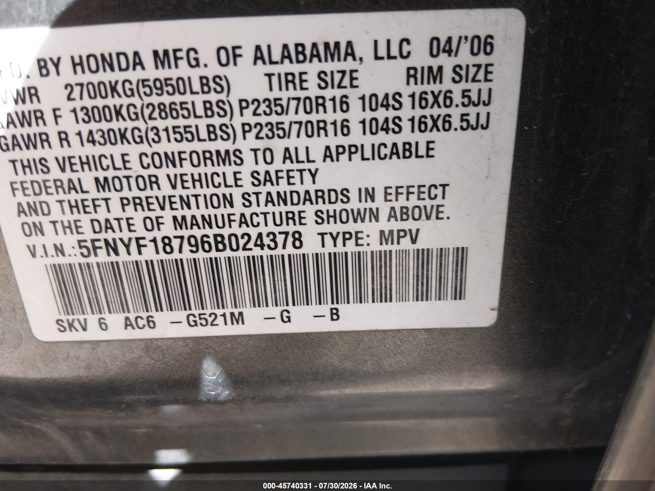 2006 Honda Pilot Ex Green vin: 5FNYF18796B024378