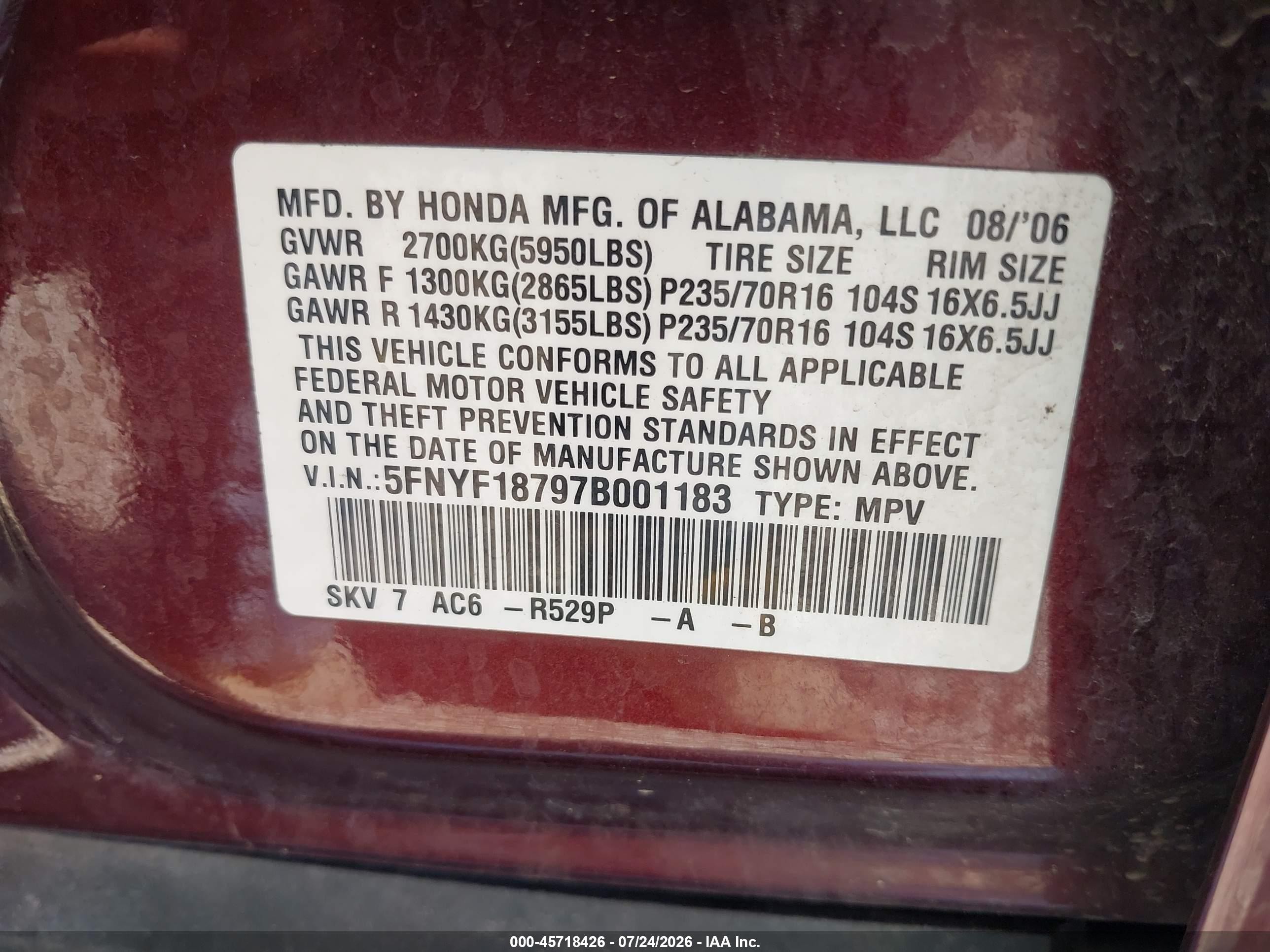 2007 Honda Pilot Ex-l Burgundy vin: 5FNYF18797B001183