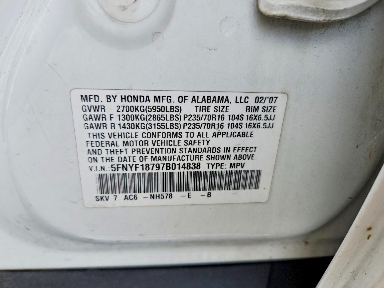 2007 Honda Pilot White vin: 5FNYF18797B014838