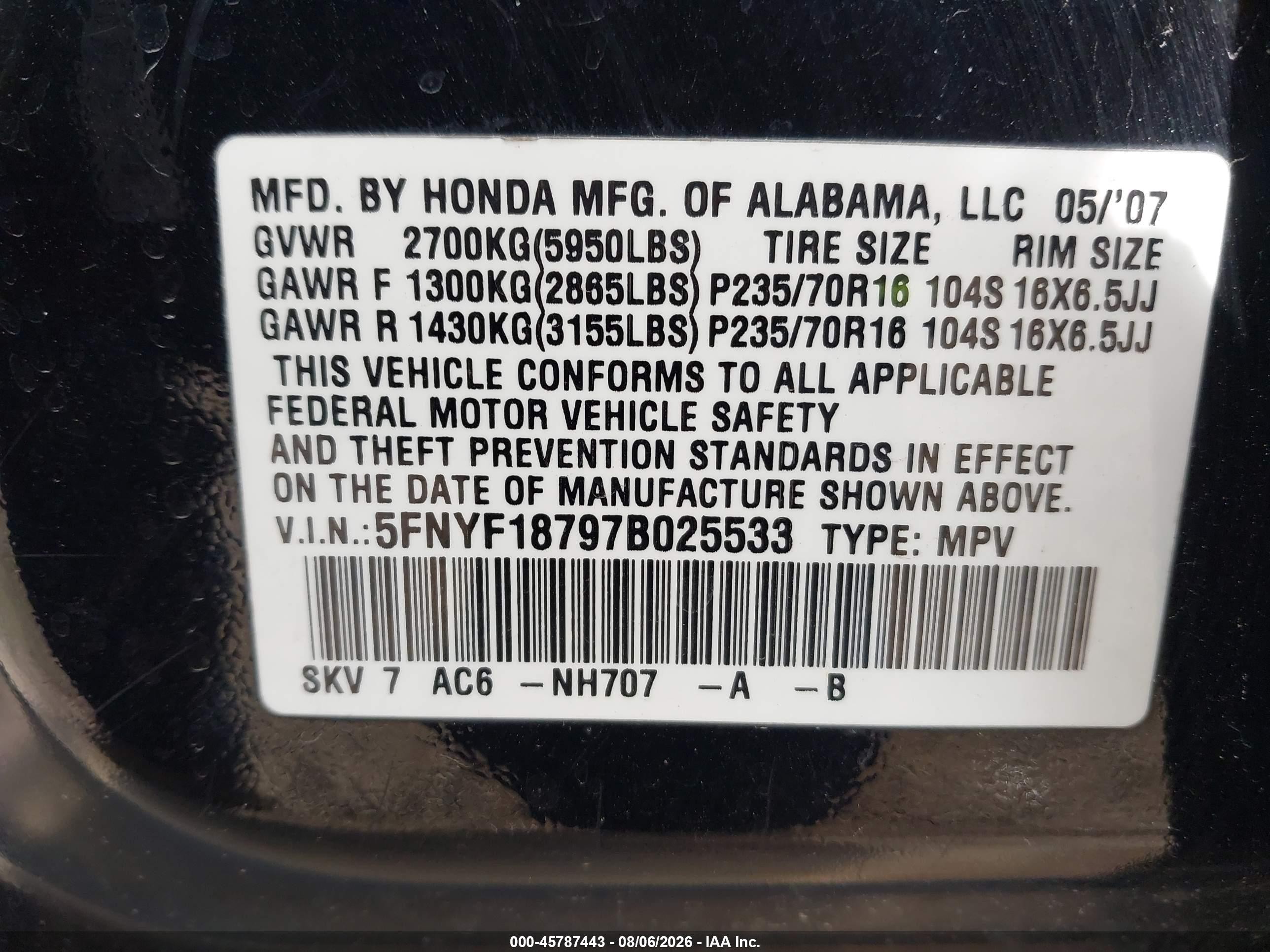 2007 Honda Pilot Ex-l Черный vin: 5FNYF18797B025533