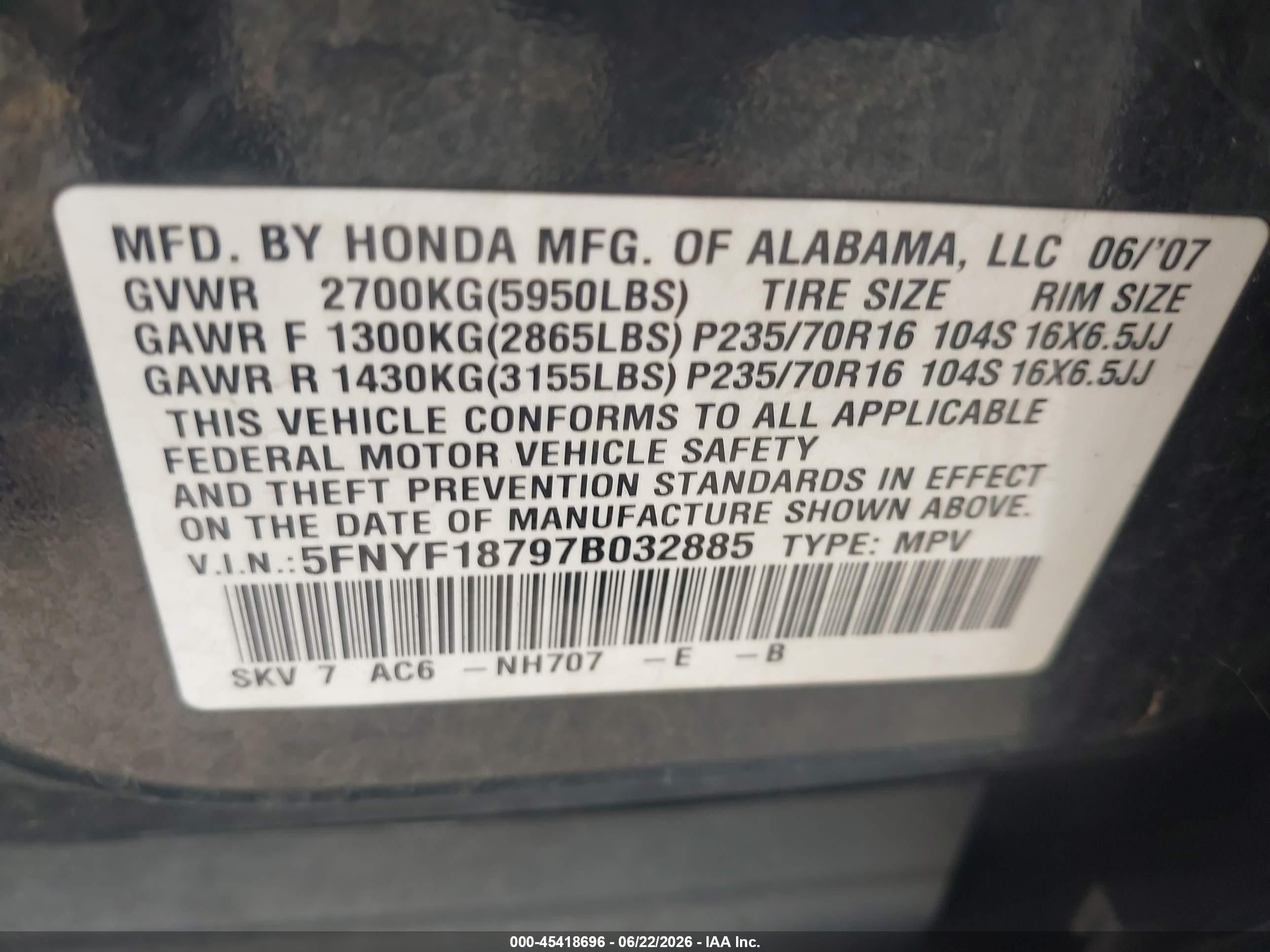 2007 Honda Pilot Ex-l Blue vin: 5FNYF18797B032885