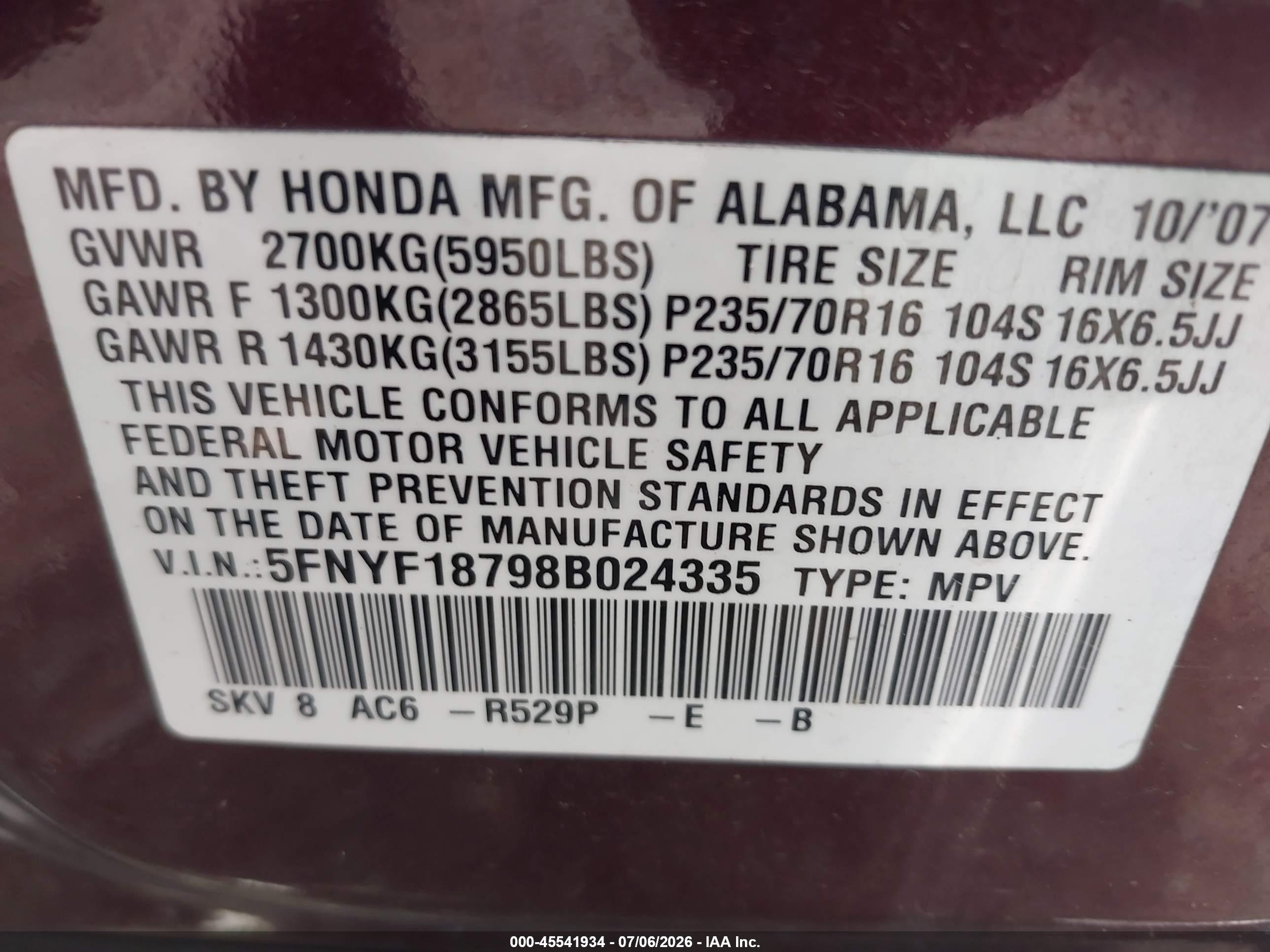 2008 Honda Pilot Ex-l Purple vin: 5FNYF18798B024335