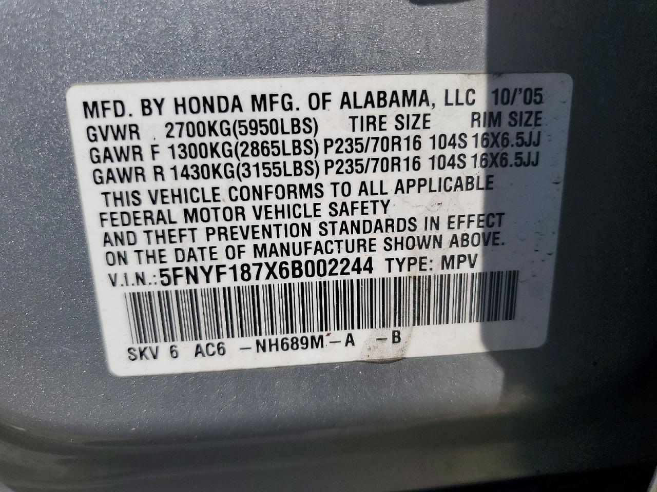 2006 Honda Pilot Ex Silver vin: 5FNYF187X6B002244